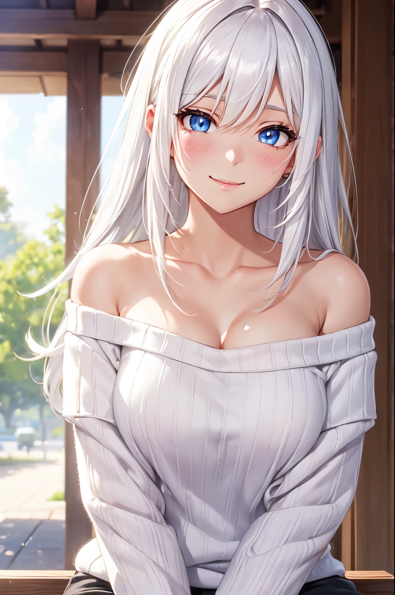 (High quality, High resolution, Fine details), BREAK (Black off-shoulder sweater), solo, curvy women, BREAK white hair, sparkling eyes, (Detailed eyes:1.2), smile, blush, Sweat, Oily skin, shallow depth of field
