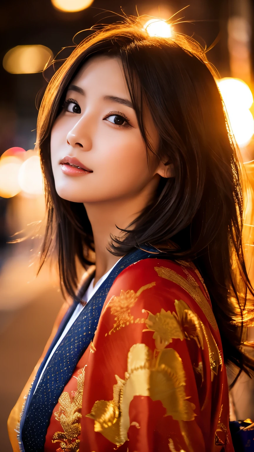 Beautiful Japanese supermodel woman, A lock of hair with slight highlights, black eyes, mixed media, Sexy,street background,Gorgeous kimono , Liquid color flows across her face, Sunset,Photo by Wang Luodan,god of wealth