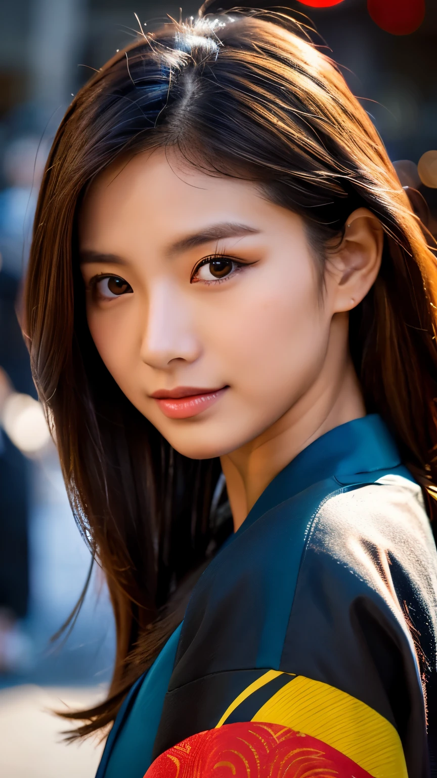 Beautiful Japanese supermodel woman, A lock of hair with slight highlights, black eyes, mixed media, Sexy，street background，Gorgeous kimono , Liquid color flows across her face, Sunset，Photo by Wang Luodan，god of wealth
