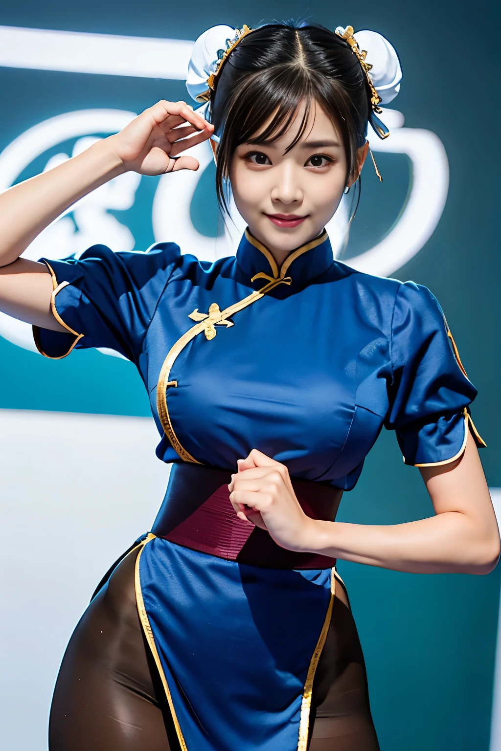 Chun-Li from Street Fight II,perfect chun li costume,Blue cheongsam with gold lines,Bun head,bun cover,fighting pose,masterpiece、1 beautiful girl、fine eyes、puffy eyes、highest quality, 超High resolution, (reality: 1.4), movie lighting、Japanese、asian beauty、Korean、super beautiful、beautiful skin、body facing forward、close up of face、(超reality的な)、(High resolution)、(8k)、(very detailed)、(美しくfine eyes)、(Super detailed)、 (wall-)、detailed face、bright lighting、professional lighting、looking at the viewer、look straight ahead、slanted bangs、Nogizaka Idol、korean idol、masterpiece, highest quality, masterpiece, highest quality, perfect face, perfect brown eyes with white sclera, bad move-5, alone, 1 girl, Upper body, brown hair, From SF2, Chinese service, smile, muscular woman, blue clothes, pantyhose, pelvic curtain, Puffy short sleeves, Good cover, sash, evaluation:safety