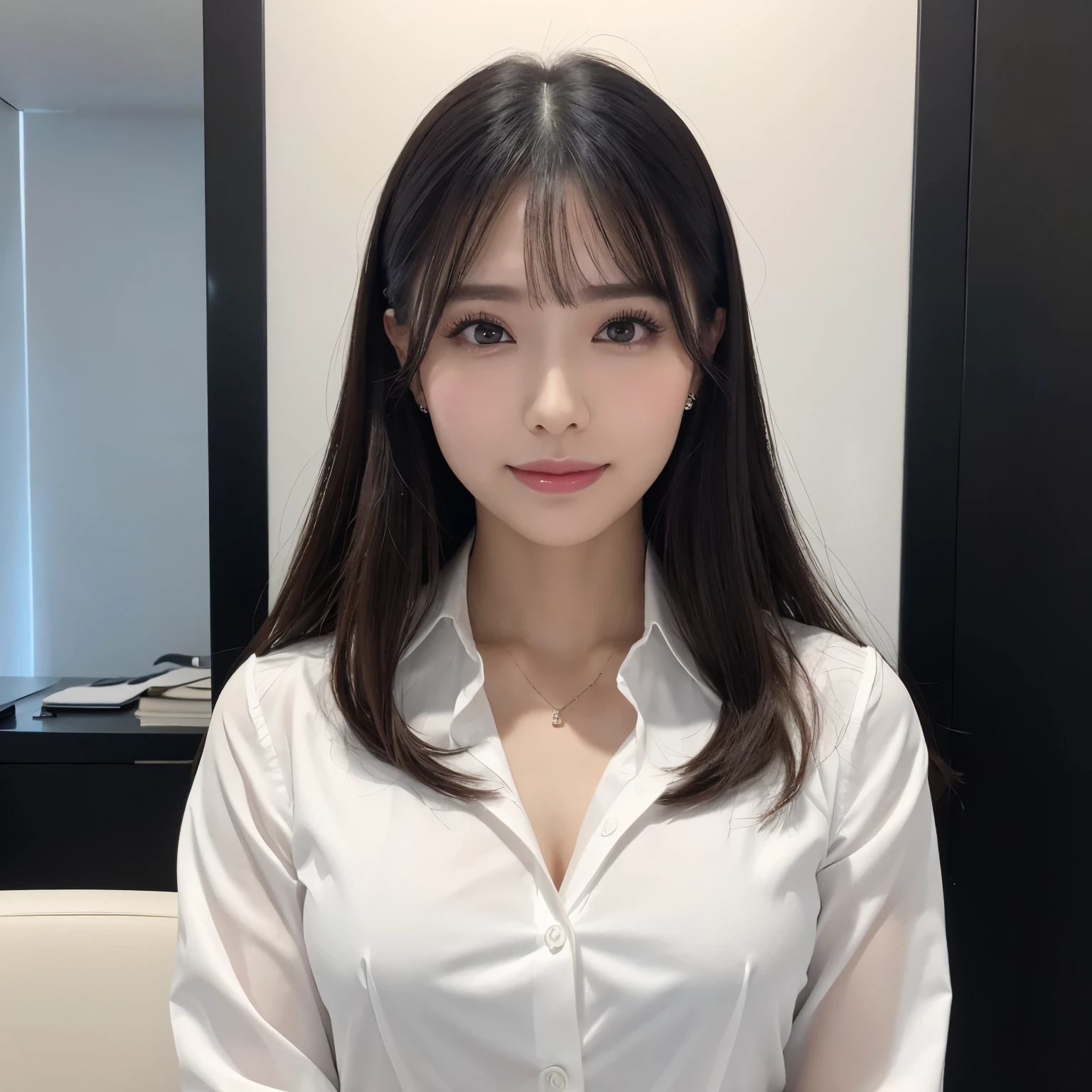 (highest quality、table top、8k、best image quality、Award-winning work)、1 beautiful woman、straight medium hair、(perfect black business suit:1.3)、(The most accurate and natural business suit:1.3)、(white polyester shirt:1.1)、(perfect office style:1.1)、big breasts、emphasize body line、perfect composition、beautiful and detailed eyes、smile looking at me、(Close-up portrait above chest:1.1)、elegant makeup、Ultra high definition beauty face、ultra high definition hair、Super high-definition sparkling eyes、Super high resolution glossy lips、accurate anatomy、very beautiful skin、Super high-definition glowing beautiful skin