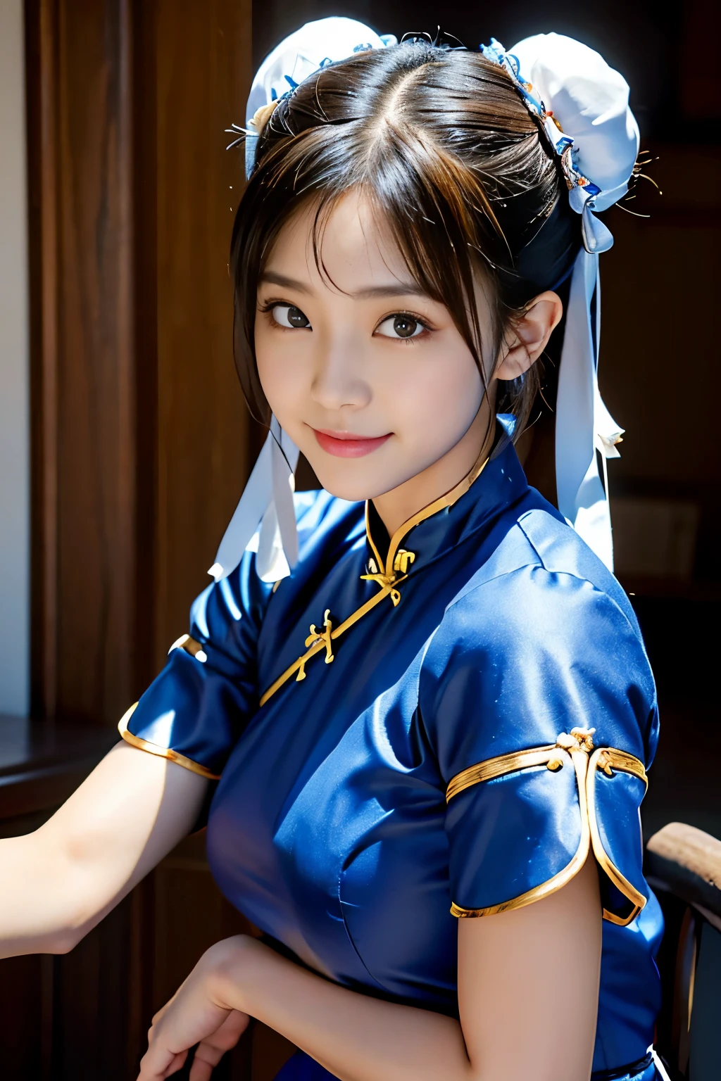 Chun-Li from Street Fight II,perfect chun li costume,Blue cheongsam with gold lines,Bun head,bun cover,fighting pose,masterpiece、1 beautiful girl、fine eyes、puffy eyes、highest quality, 超High resolution, (reality: 1.4), movie lighting、Japanese、asian beauty、Korean、super beautiful、beautiful skin、body facing forward、close up of face、(超reality的な)、(High resolution)、(8k)、(very detailed)、(美しくfine eyes)、(Super detailed)、 (wall-)、detailed face、bright lighting、professional lighting、looking at the viewer、look straight ahead、slanted bangs、Nogizaka Idol、korean idol、masterpiece, highest quality, masterpiece, highest quality, perfect face, perfect brown eyes with white sclera, bad move-5, alone, 1 girl, Upper body, brown hair, From SF2, Chinese service, smile, muscular woman, blue clothes, pantyhose, pelvic curtain, Puffy short sleeves, Good cover, sash, evaluation:safety