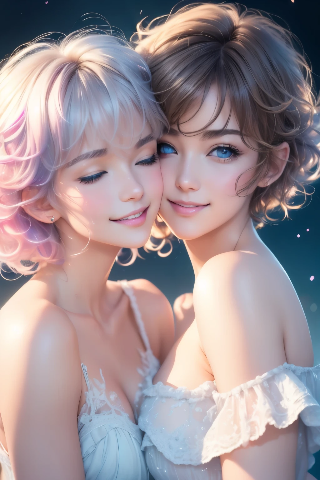 best quality, 32k, RAW photo, incredibly absurdres, extremely detailed, delicate texture, two women, kissing on the cheek, smiling shyly, cute, beautiful, (medium messy wavy hair) and (short pixie cut), background pastel color, motion-blur, action-lines, professional lighting, watercolor art drawing