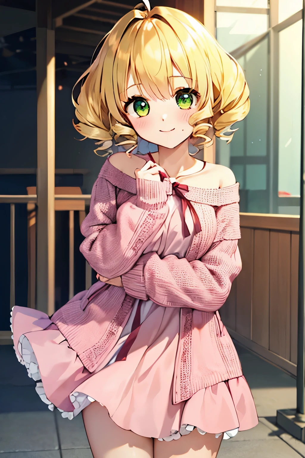 masterpiece, highest quality, 8k, ultra high resolution, highest quality, anime style, best writing, beautiful face,  bob cut、drill hair, room, blonde, (big pink ribbon:1.2), green eyes, masterpiece, highest quality, Hinaichigo, (oversized light pink sweater:1.3), white ruffle skirt、blush、smile, stand, In front of the station, In town, small breasts, (very small height:1.1)