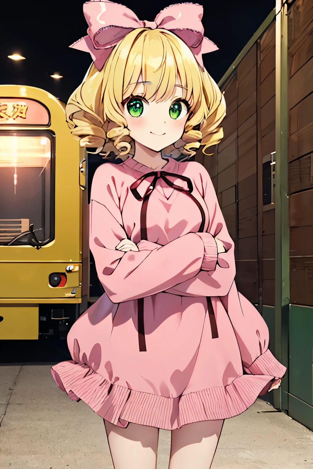 masterpiece, highest quality, 8k, ultra high resolution, highest quality, anime style, best writing, beautiful face,  bob cut、drill hair, room, blonde, (big pink ribbon:1.2), green eyes, masterpiece, highest quality, Hinaichigo, (oversized light pink sweater:1.3), white ruffle skirt、blush、smile, stand, In front of the station, In town, small breasts, (very small height:1.1)