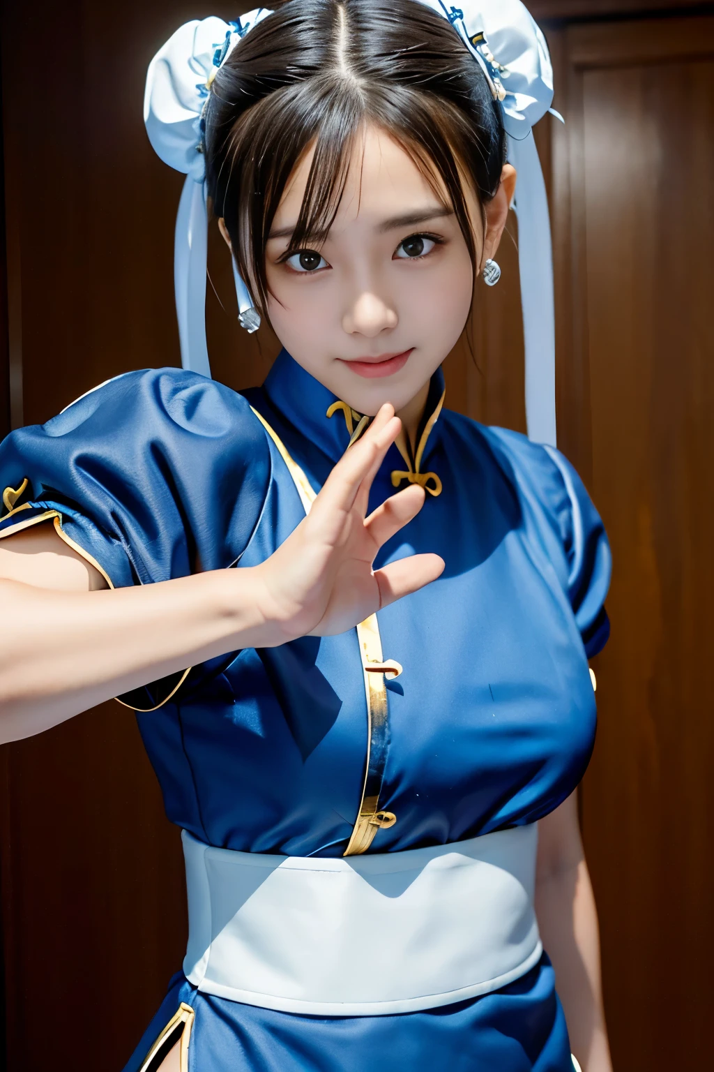 Chun-Li from Street Fight II,perfect chun li costume,Blue cheongsam with gold lines,Bun head,bun cover,fighting pose,masterpiece、1 beautiful girl、fine eyes、puffy eyes、highest quality, 超High resolution, (reality: 1.4), movie lighting、Japanese、asian beauty、Korean、super beautiful、beautiful skin、body facing forward、close up of face、(超reality的な)、(High resolution)、(8k)、(very detailed)、(美しくfine eyes)、(Super detailed)、 (wall-)、detailed face、bright lighting、professional lighting、looking at the viewer、look straight ahead、slanted bangs、Nogizaka Idol、korean idol、masterpiece, highest quality, masterpiece, highest quality, perfect face, perfect brown eyes with white sclera, bad move-5, alone, 1 girl, Upper body, brown hair, From SF2, Chinese service, smile, muscular woman, blue clothes, pantyhose, pelvic curtain, Puffy short sleeves, Good cover, sash, evaluation:safety