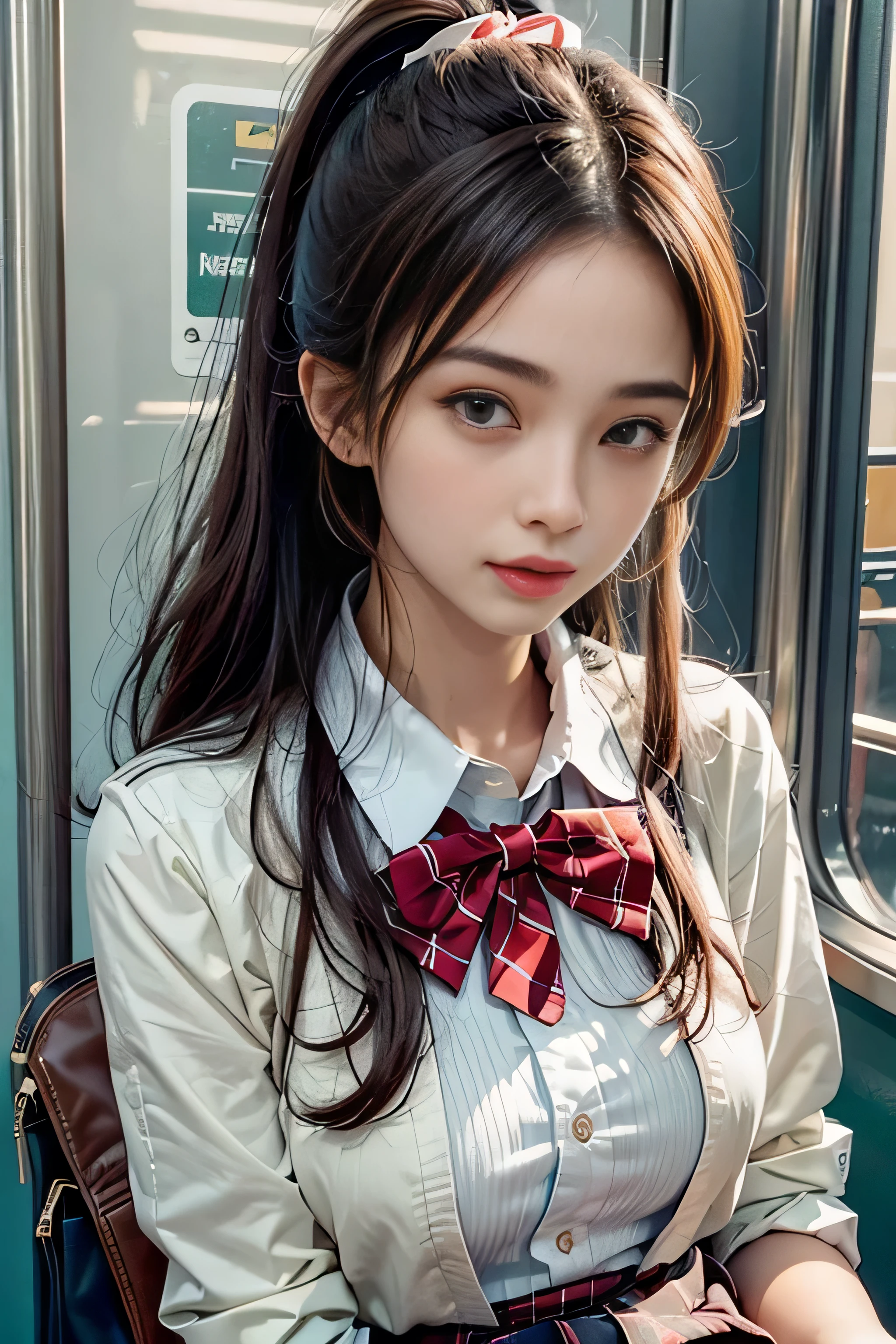 realistic, High resolution, soft light,1 female, alone, waist rises high, (detailed face),(Female student)((A girl standing in front of a train seat)),colorful hair、shortcut,wear、(White blazer emblem on chest)、(white blouse)(red bow tie)(check skirt),long hair、(ponytail)、((Panty shot))、(I can see your pants)、