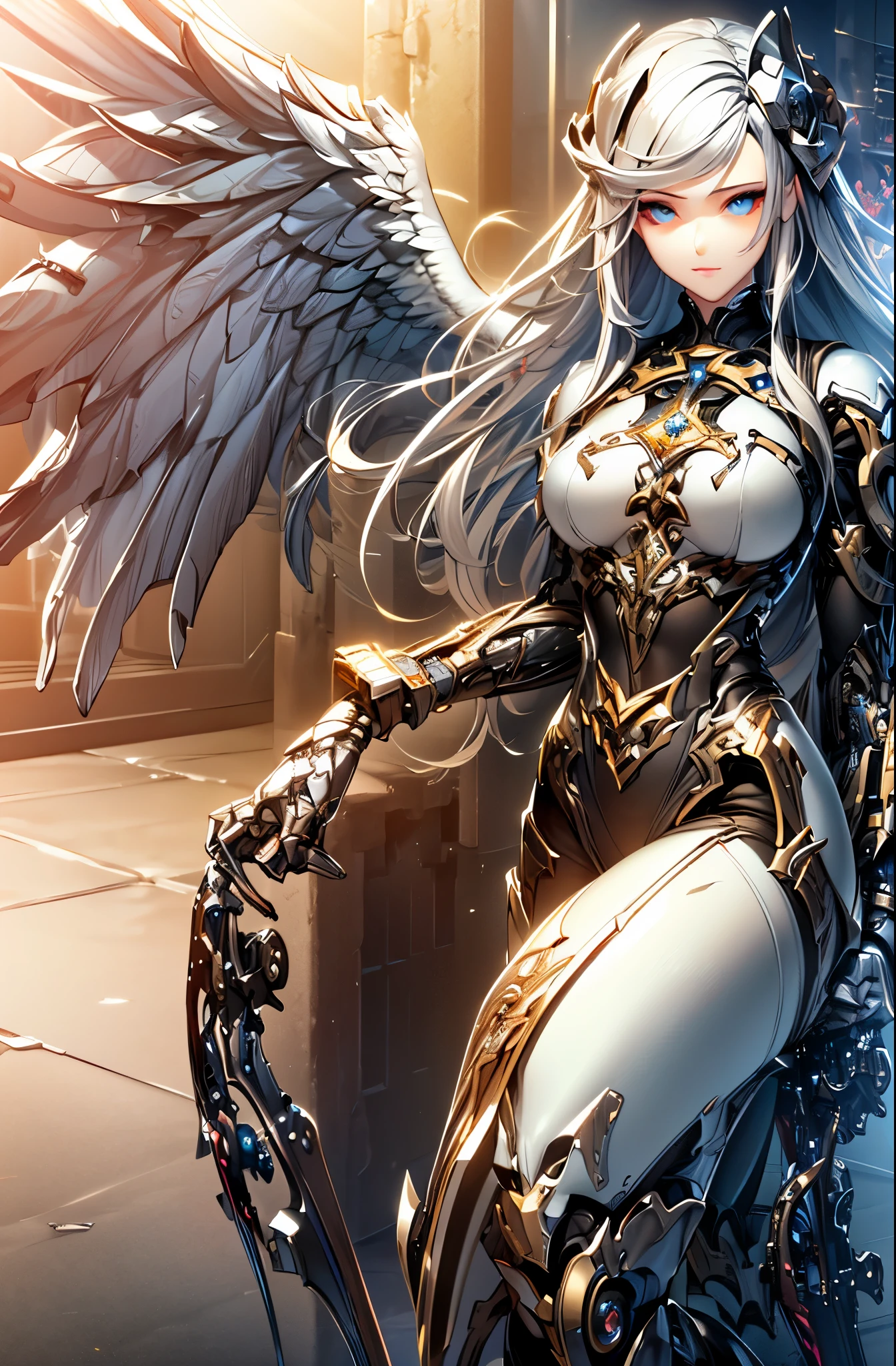 (In the ruined city, null, noon),, ((silver mechanical female angel)), big wings of light:1.8, giant sword, Shining metallic body:1.8, heroic, masterpiece:1.8, highest quality:1.8, detailed and beautiful eyes, (Highly detailed CG Unity:1.8), 8k wallpaper,