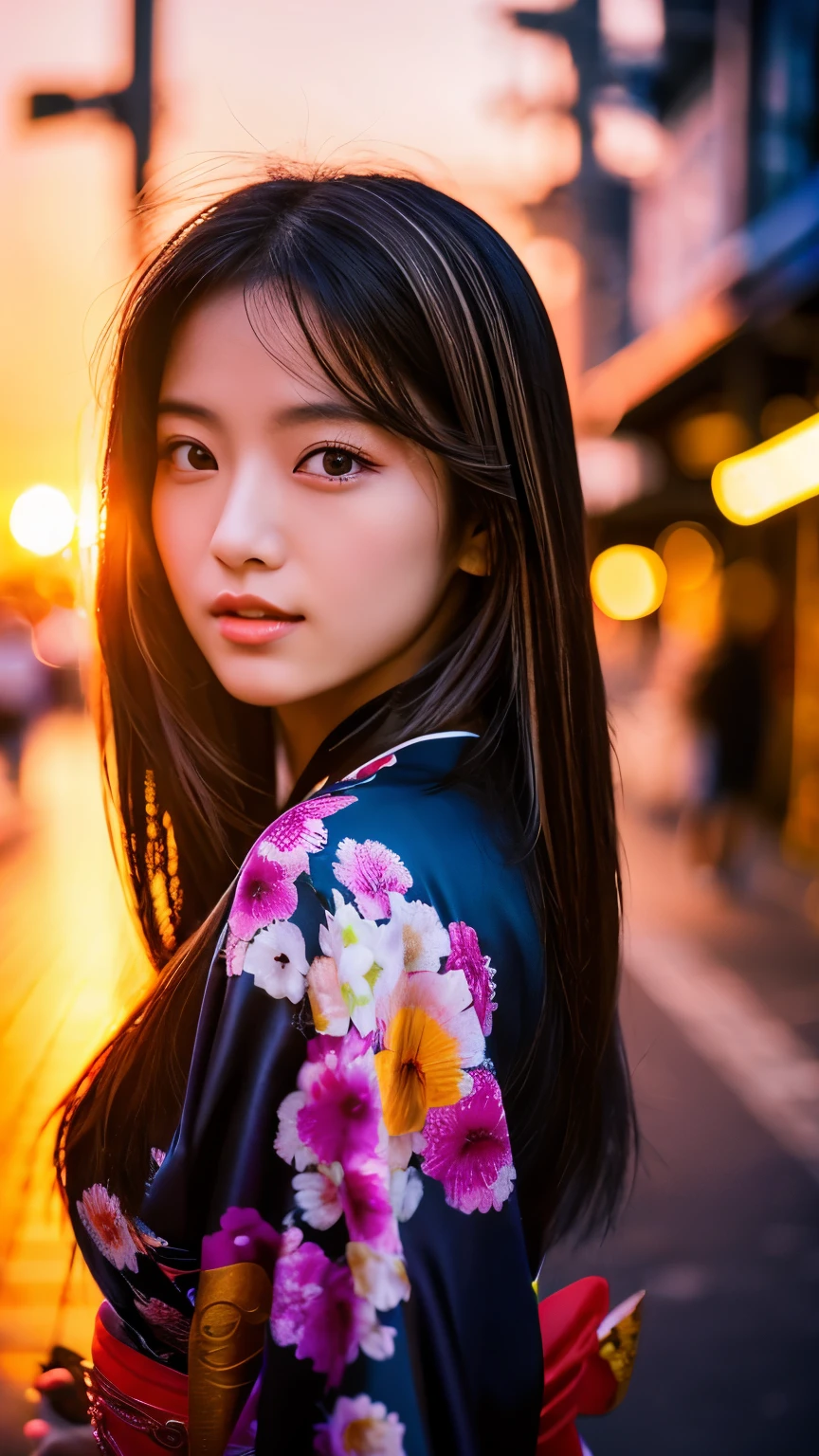 Beautiful Japanese supermodel woman, A lock of hair with slight highlights, black eyes, mixed media, Sexy，street background，Gorgeous kimono , Liquid color flows across her face, Sunset，Photo by Wang Luodan，god of wealth