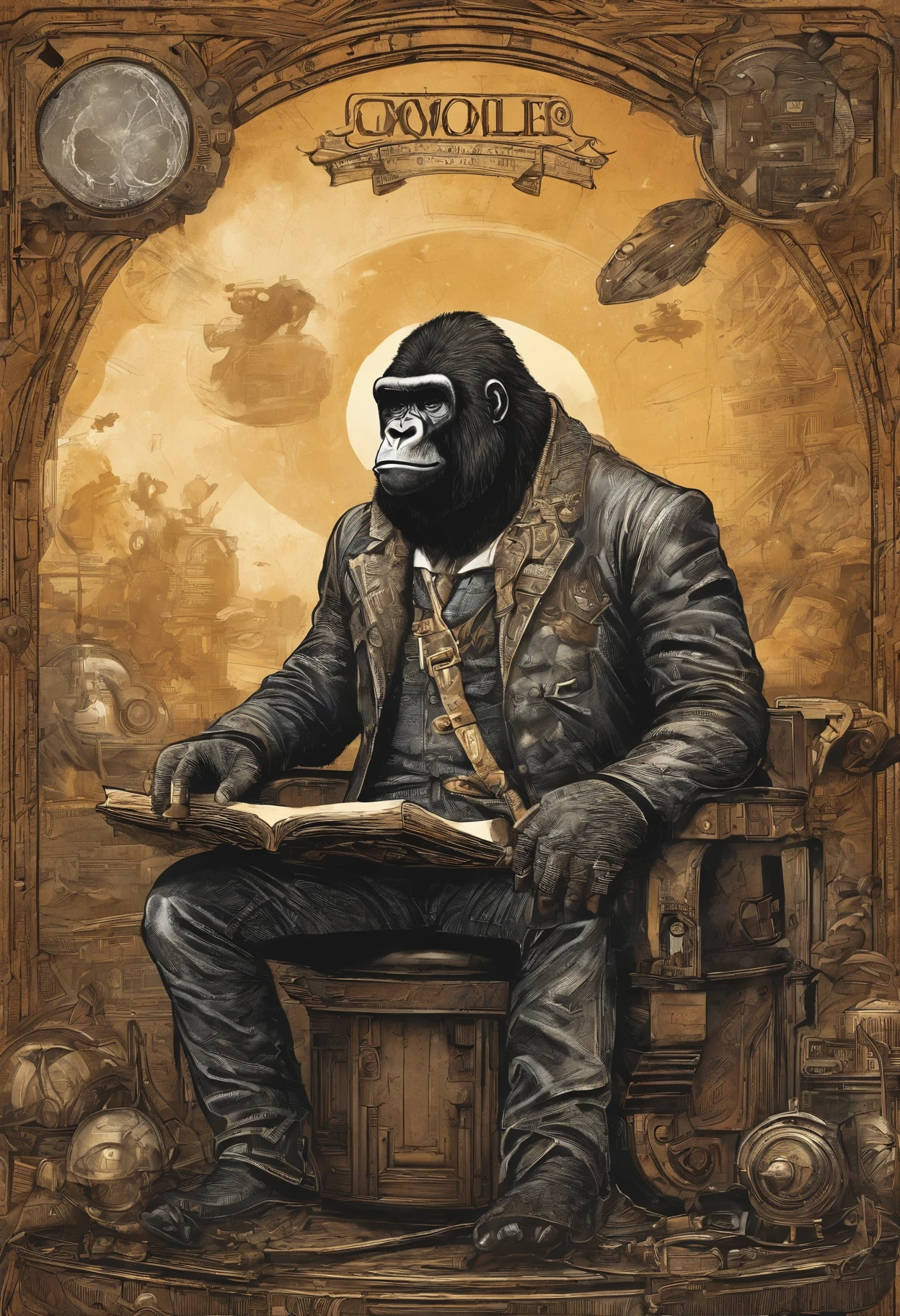 Draw a Gorilla programmer, sitting on a research platform floating in the middle of an asteroid belt. He is studying with a notebook, surrounded by several asteroids glowing with fiery auras. Dramatic lighting from distant stars and planets illuminates the scene, casting deep shadows on the suit. The young gorilla man looks confident and determined, looking at the vast and mysterious universe with wonder and respect,facial hair, cowboy shot,