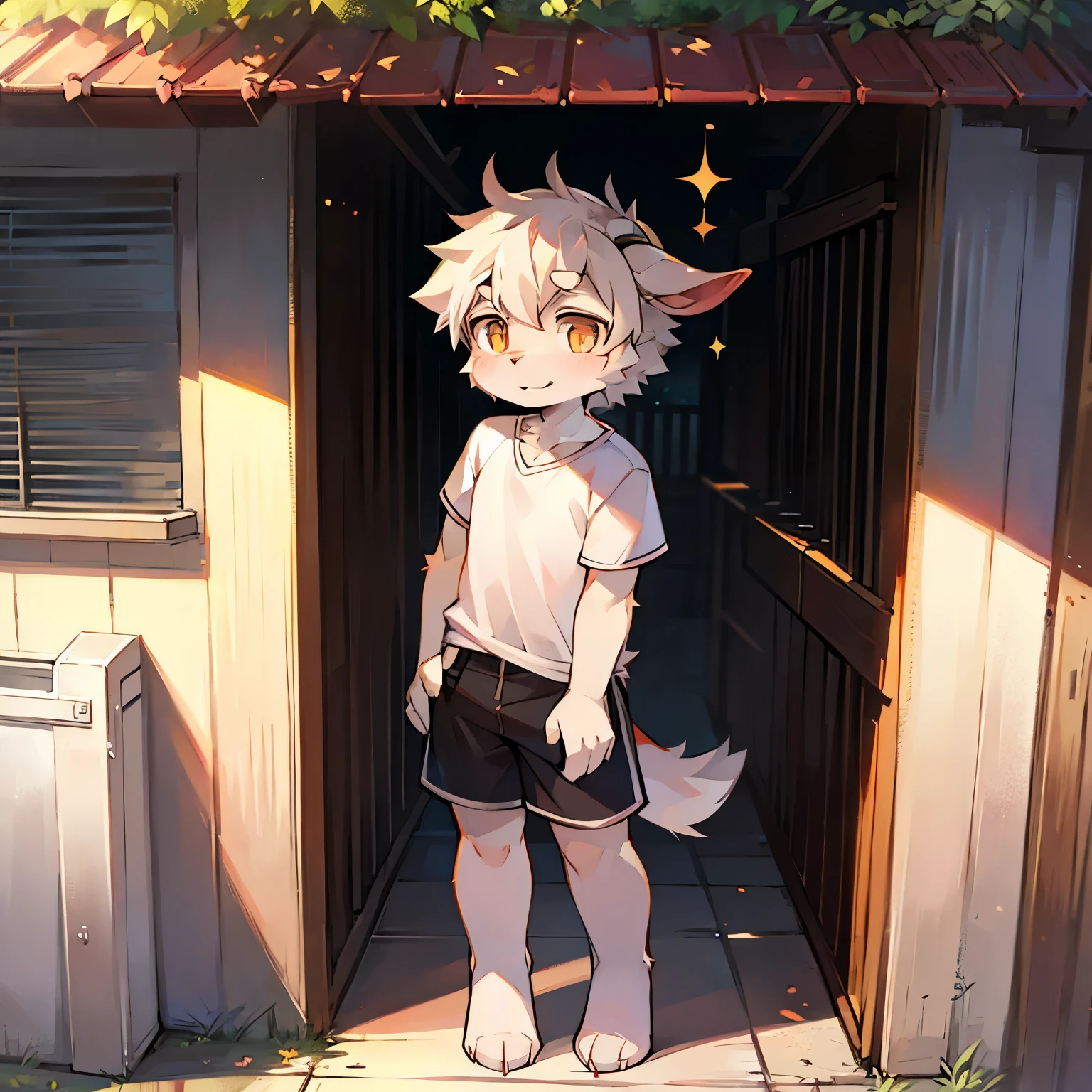 Bright outside，Goat Boy，goat horns，male focus，furry men，Furry Shota，Characteristics of a three-year-old boy ，Bright Eyes，short sleeves，shorts，Standing posture