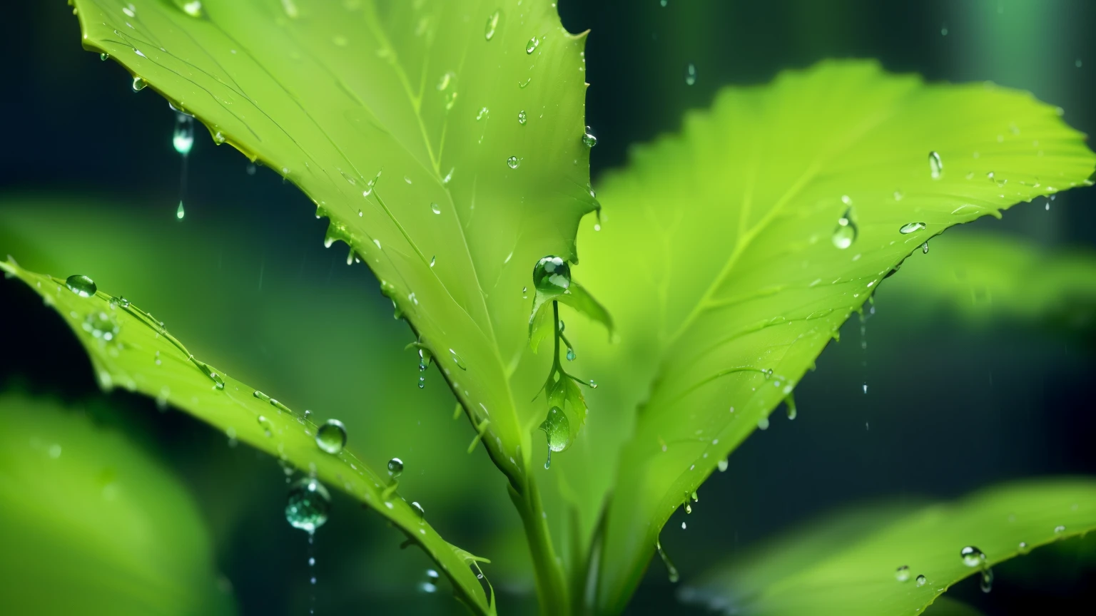 a close up of a plant with water water droplets hanging from it, green rain, It rains, Delicate rain, It rains, rain drops, wet in the rain, raindrop, nature wallpaper, dripping, after the rain, falling rain, Lush rainforest, water droplets, Forest details, pouring rain, wet in the rain, rainy mood, Covered with water and spines
