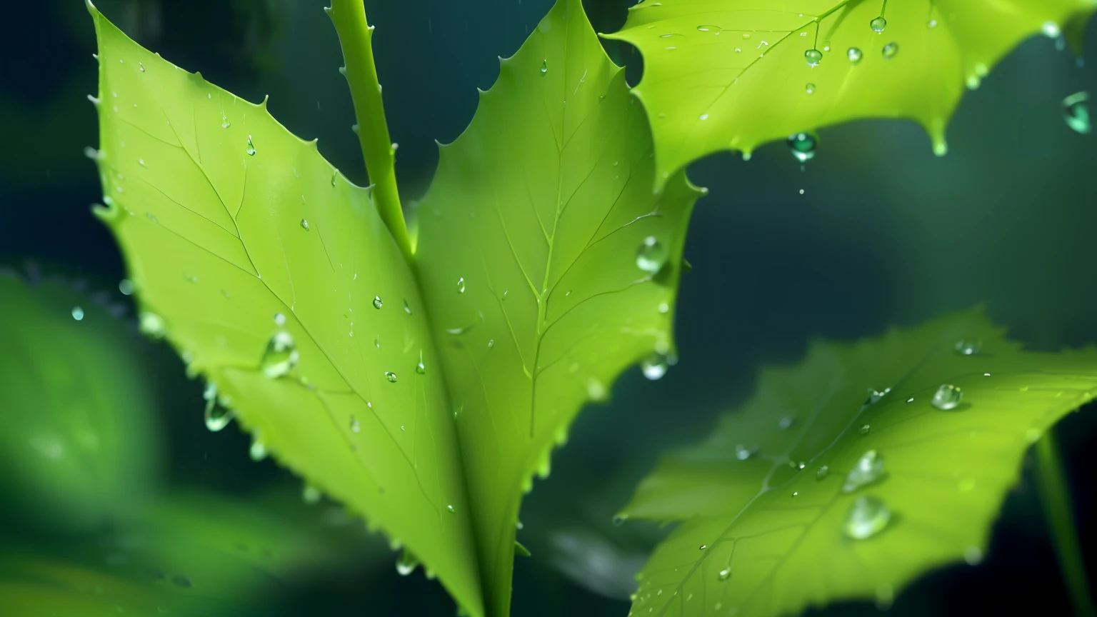 a close up of a plant with water water droplets hanging from it, green rain, It rains, Delicate rain, It rains, rain drops, wet in the rain, raindrop, nature wallpaper, dripping, after the rain, falling rain, Lush rainforest, water droplets, Forest details, pouring rain, wet in the rain, rainy mood, Covered with water and spines