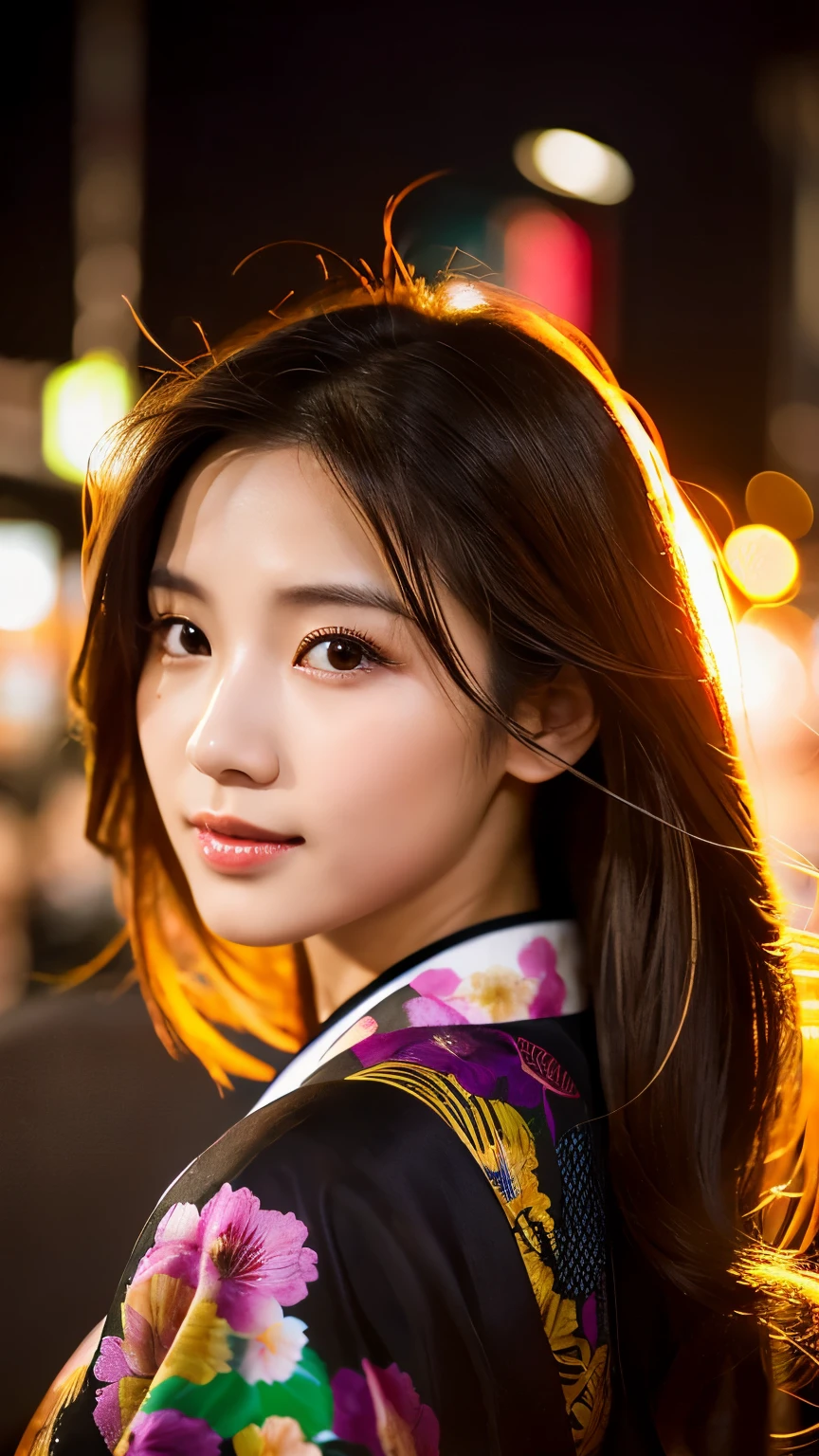Beautiful Japanese supermodel woman, A lock of hair with slight highlights, black eyes, mixed media, Sexy,street background,Gorgeous kimono , Liquid color flows across her face, Sunset,Photo by Wang Luodan,god of wealth