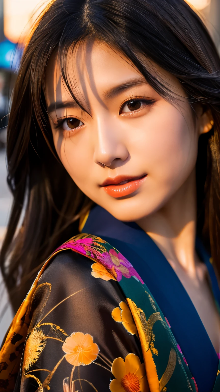 Beautiful Japanese supermodel woman, A lock of hair with slight highlights, black eyes, mixed media, Sexy，street background，Gorgeous kimono , Liquid color flows across her face, Sunset，Photo by Wang Luodan，god of wealth