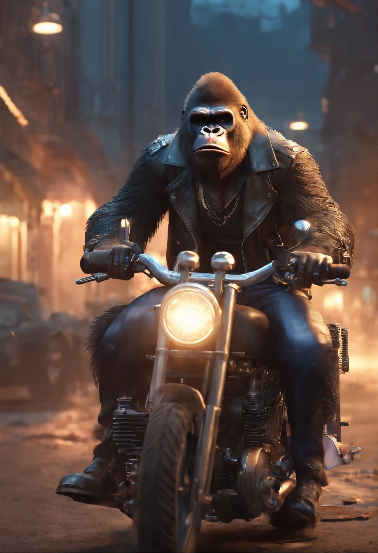 long hair Gorilla wearing leather jacket holding a minigun with smoke on her mouth and sitting on a Steam punk Motor bike