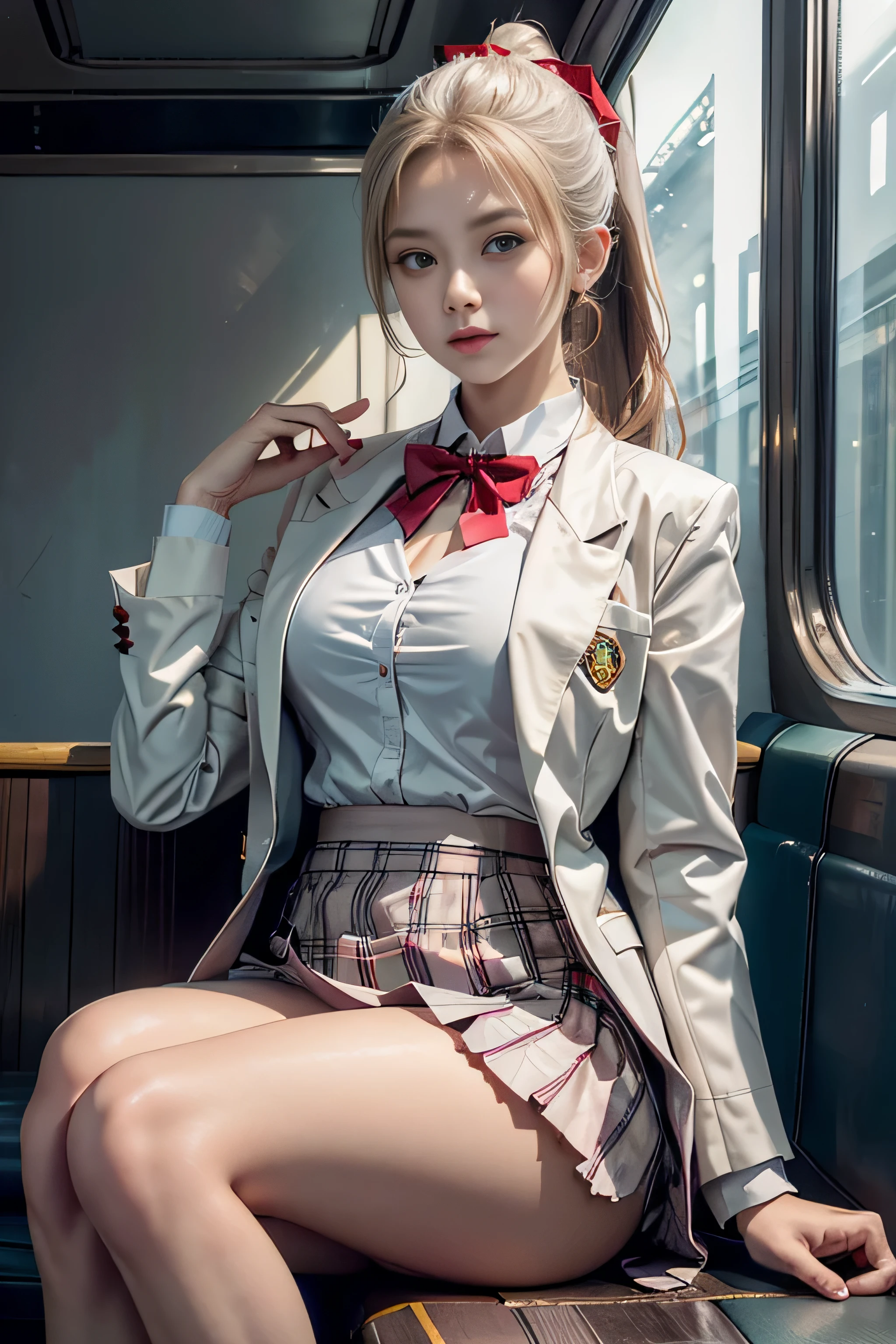 realistic, High resolution, soft light,1 female, alone, waist rises high, (detailed face),(Female student)（(A girl standing in front of a train seat))，colorful hair、shortcut，wear、(White blazer emblem on chest)、(translucent white blouse),(red bow tie)(check skirt),long hair、(ponytail)、((Panty shot)）、