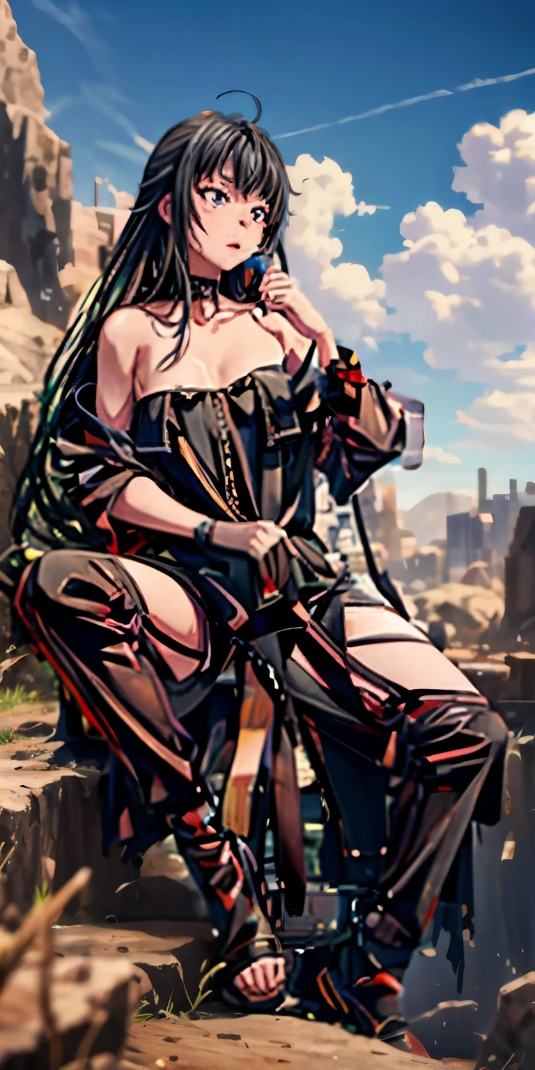 yukinoshita yukino, long hair, (grey eyes:1.5), sweating, heavy breathing, female focus, huge breasts, breast press, torn, black dress, hand behind head, 1girl, breasts, navel, solo, torn_clothes, cloud, sky, sitting, outdoors, looking_at_viewer, gloves, cloudy_sky, large_breasts, day, rock "glow effects, godrays, Hand drawn, render, 8k, octane render, cinema 4d, blender, dark, atmospheric 4k ultra detailed, cinematic, Sharp focus, big depth of field, Masterpiece, colors, 3d octane render, 4k, concept art, trending on artstation, hyperrealistic, Vivid colors, extremely detailed CG unity 8k wallpaper, trending on CGSociety, Intricate, High Detail, dramatic", anime coloring, anime screencap, sweating, steaming body, fog