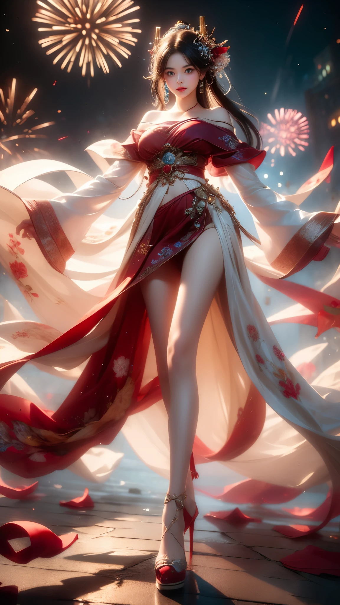 ((full body)), ((from below)), (masterpiece, best quality:1.2), 1 girl, alone, ((off shoulder clothes)), ((night)), lantern, candlelight, deep in wonderland,The moonlight falls like water,foggy room,The figure of the heroine is vaguely visible,Just like the fairy in the painting,Slender sexy legs,very nice legs,Show off sexy legs,big breasts,美丽而又带着一丝mystery的色彩。Her face is beautiful and delicate,Like finely carved jade,Showing otherworldly beauty。Picturesque eyebrows,The waves in my eyes are like twinkling stars,Show the light of perseverance and wisdom。The bridge of the nose is straight,Lip color like cherry,The slightly raised corners of the mouth reveal confidence and calmness。her face is chiseled,Skin as fair as jade,Reveal a healthy glow,Just like fairies, She never eats fireworks in this world。Her makeup is light and delicate,Not too much embellishment,But enough to show her temperament and charm。Light-colored foundation brings out the transparency of the skin,A light eyebrow pencil outlines her perfect eyebrow shape,Eye makeup is eye shadow and eyeliner,Make her eyes brighter and more energetic。嘴唇涂上grace的口红,Adds a bit of charm and sophistication。她的衣服grace别致,Clothes fluttering,It seems like it will be blown up by the wind at any time,drifting into the distance。既不失grace,Also showed off her extraordinary skills。Swinging with her movements。Her hair is tied back casually,Secure it with a hosta,A few strands of hair are fluttering gently in the wind,Adds a bit of softness。Her figure is looming in the fairyland,宛如一道big breasts美丽的风景线,Attracted everyone's concern。She seems to be a fairy in wonderland,big breasts美丽、grace、mystery、and full of power。
