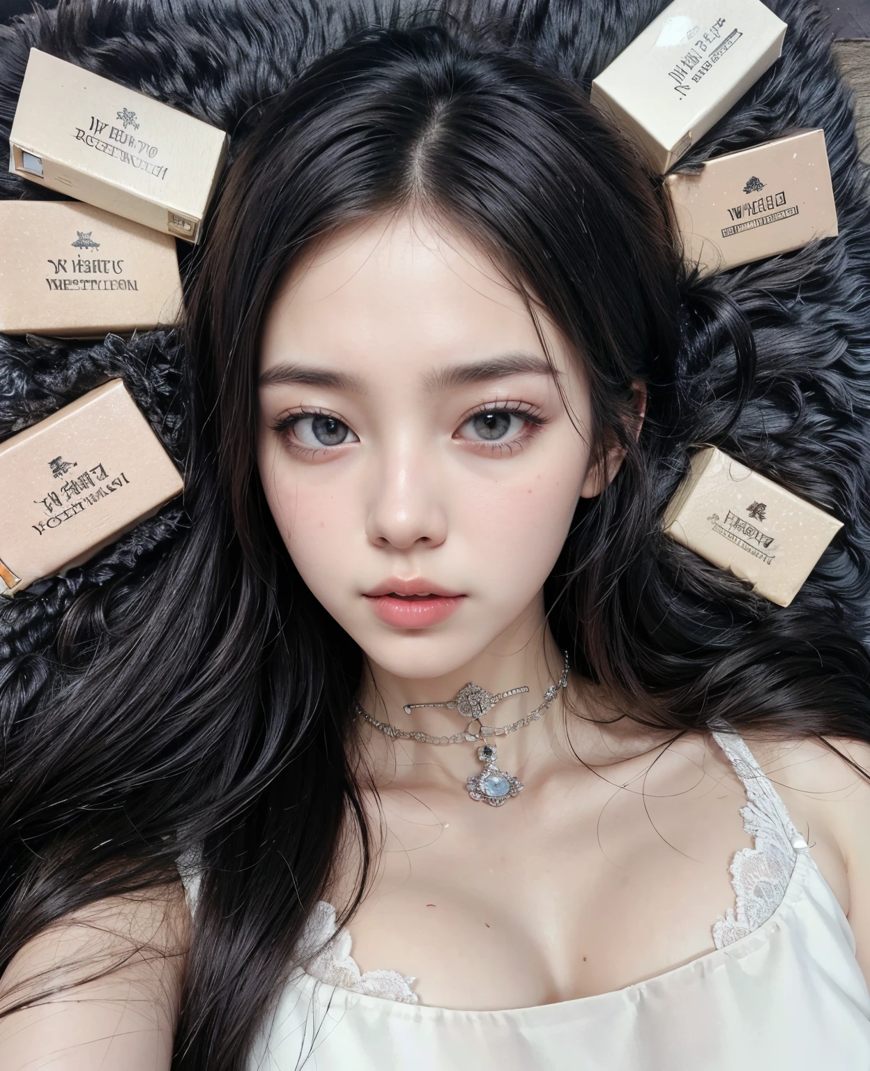 Arafed woman with long black hair lying on a fur carpet with lots of small perfume boxes, maquillaje popular de corea del sur, maquillaje coreano popular, pale porcelain white skin, dilraba dilmurat, pale, snow-white skin, cara sexy con maquillaje completo, ulzzang, xisionwu, yanjun chengt, pale milky white porcelain skin