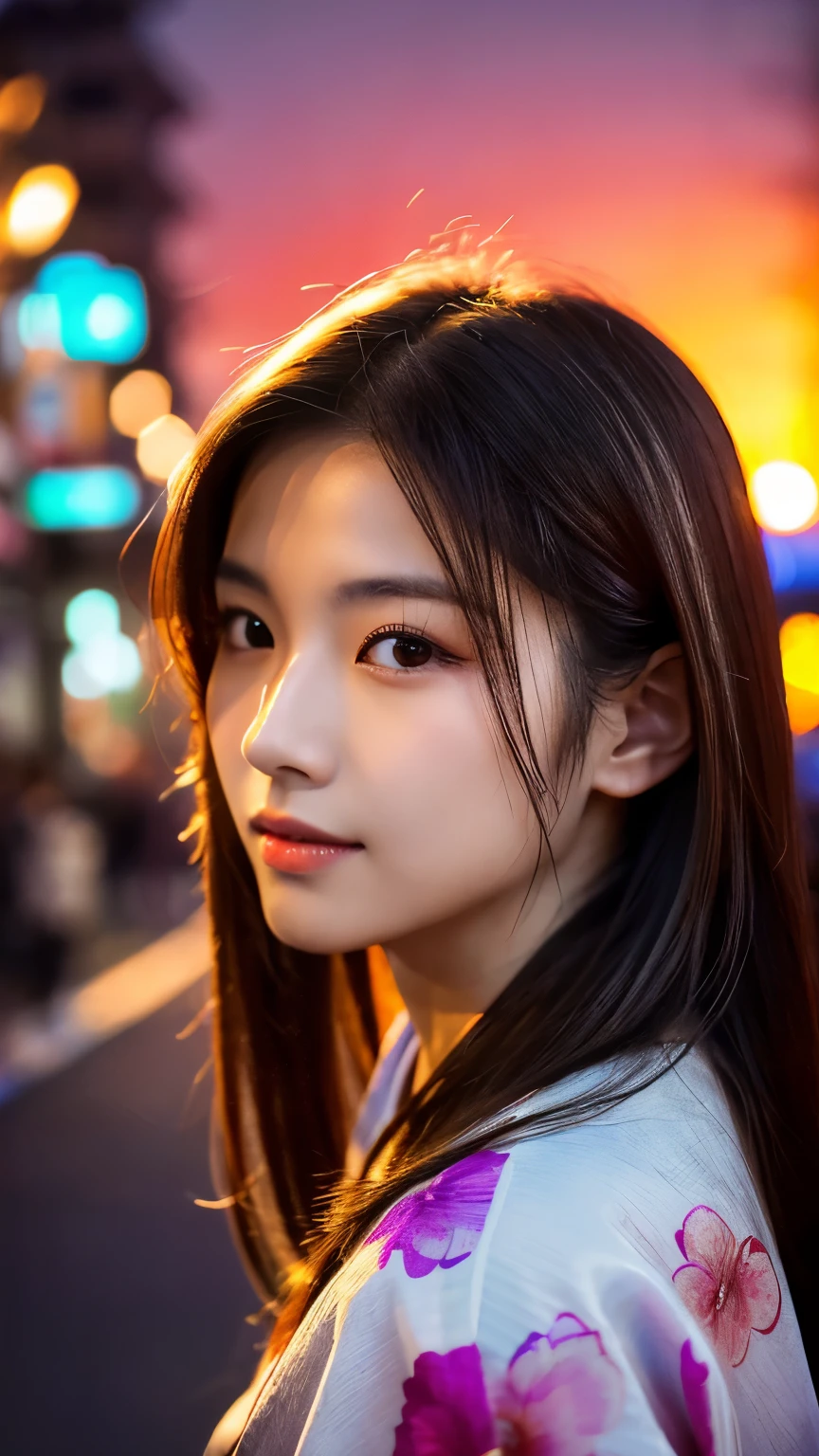 Beautiful Japanese supermodel woman, A lock of hair with slight highlights, black eyes, mixed media, Sexy,street background,Gorgeous kimono , Liquid color flows across her face, Sunset,Photo by Wang Luodan,god of wealth