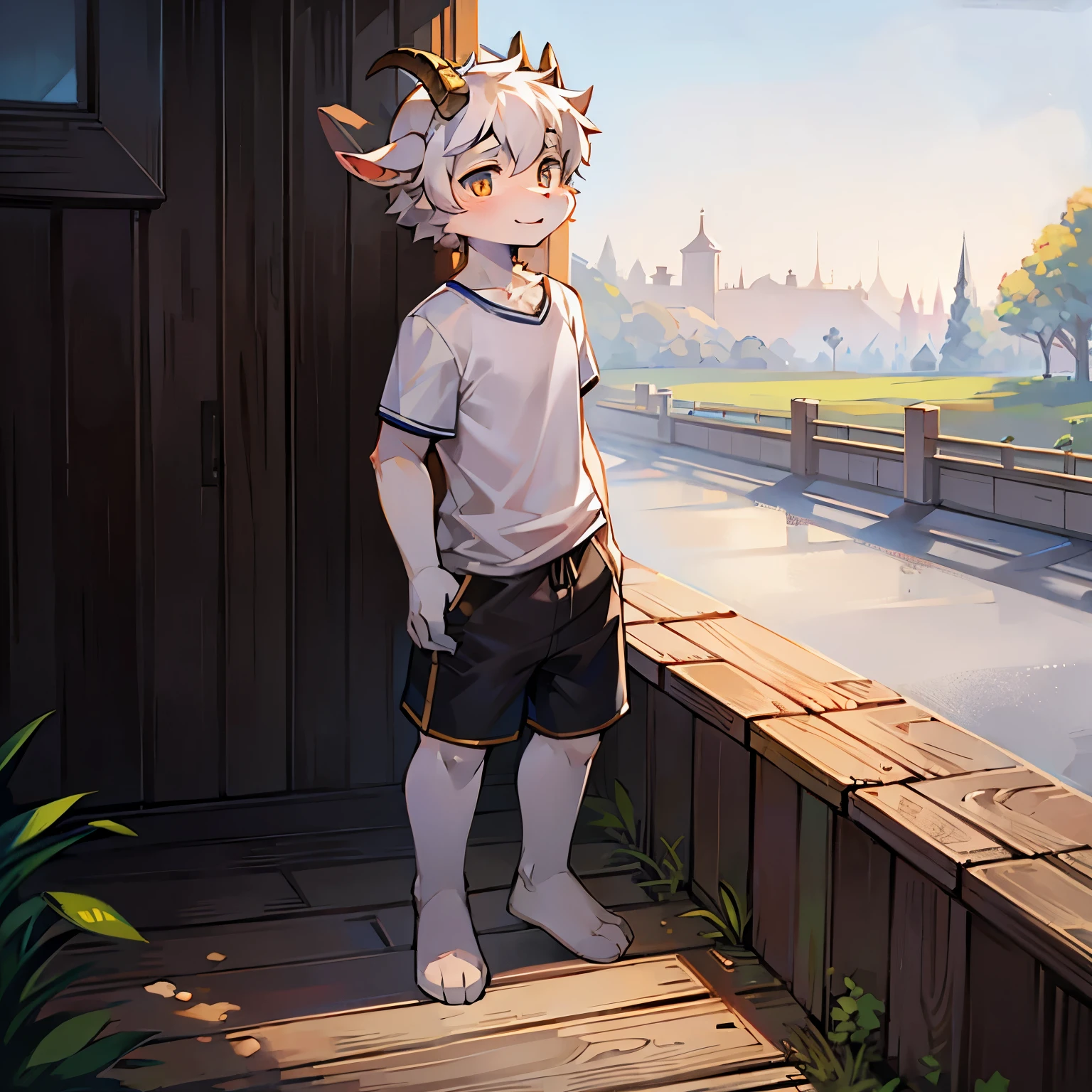 Bright outside,Goat Boy,goat horns,male focus,furry men,Characteristics of a three-year-old boy,One meter six height,Furry Shota,Bright Eyes,short sleeves,shorts,Standing posture