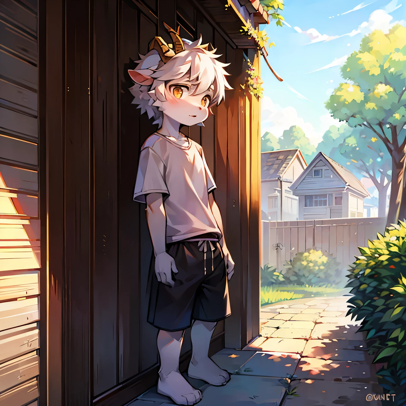 Bright outside，Goat Boy，goat horns，male focus，furry men，Characteristics of a three-year-old boy，One meter six height，Furry Shota，Bright Eyes，short sleeves，shorts，Standing posture