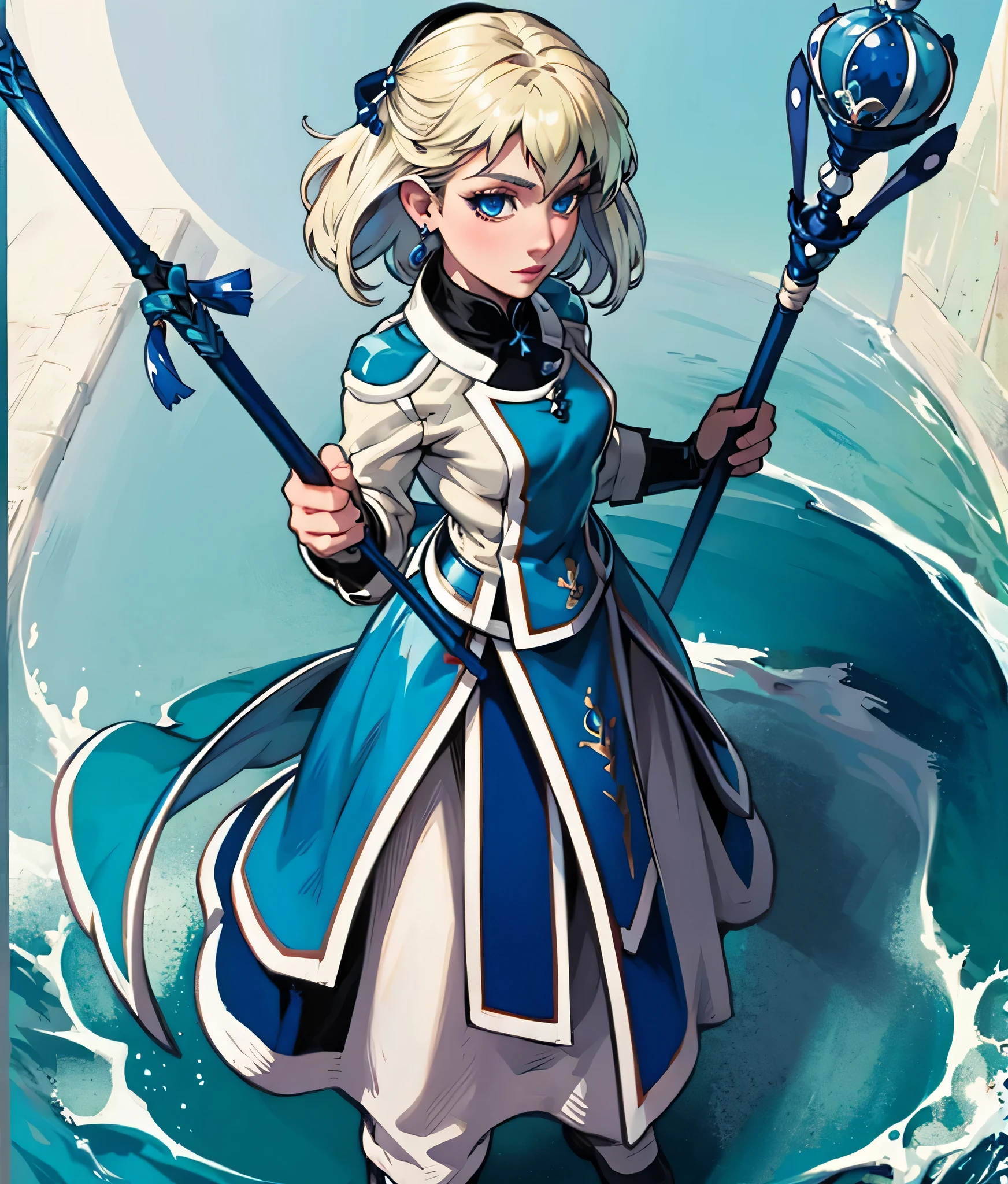 masterpiece, high res, detailed face, detailed eyes, anime screencap, 1 girl, solo, casting water magic, slender, short hair, white blonde hair, medium breasts, blue eyes, blue dress, staff, serious, blue magic, raising staff, outdoors, full body, cowboy shot  