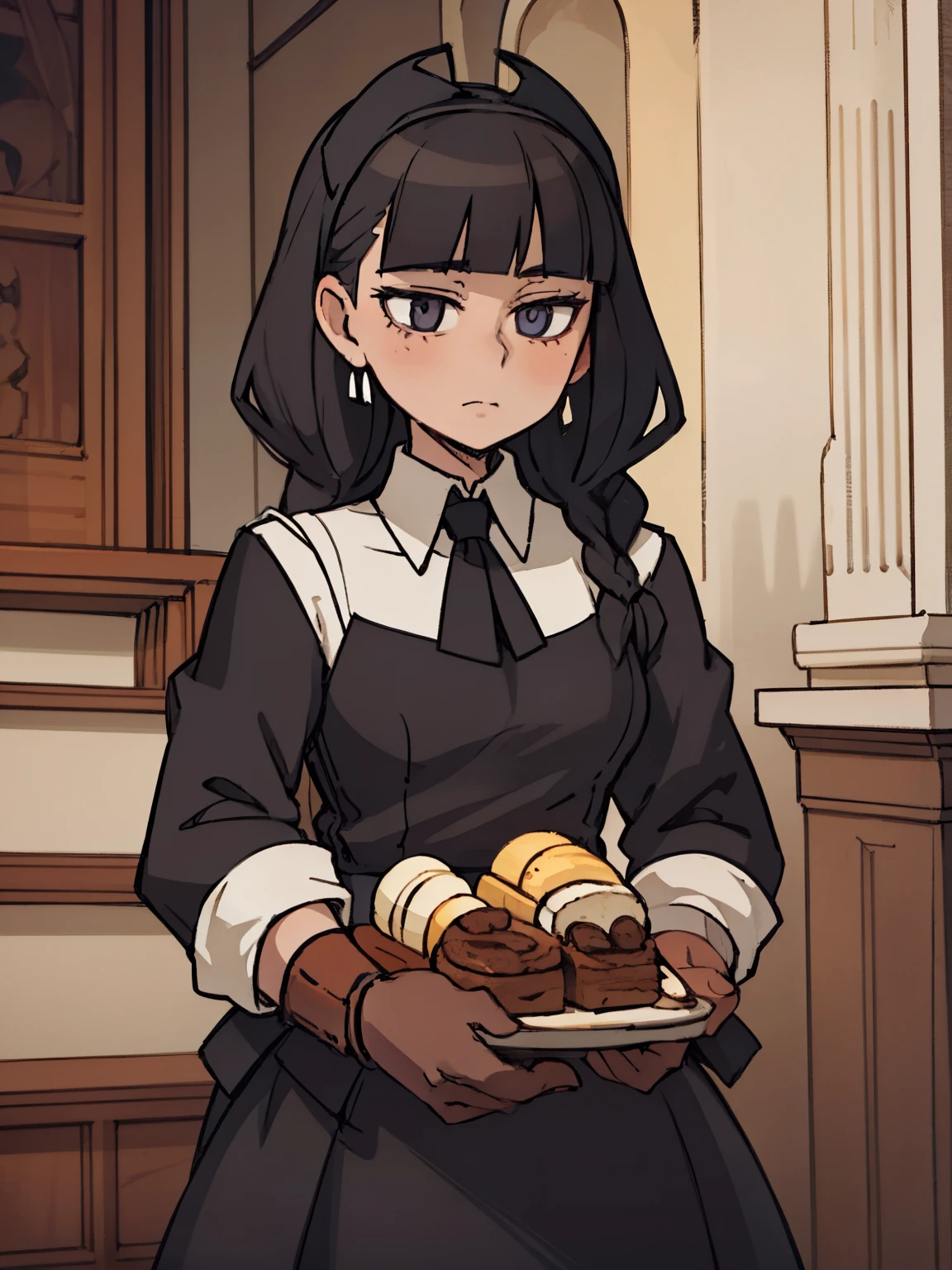 two-dimensional, ​Masterpiece, top quality, highly detailed eyes, Highly detailed face, （（a woman，front，whole body，long skirt maid outfit，long black hair，braided chignon,）），dress，Mature，kindly，widow，Sword and magic style，Different world，middle Ages，White background