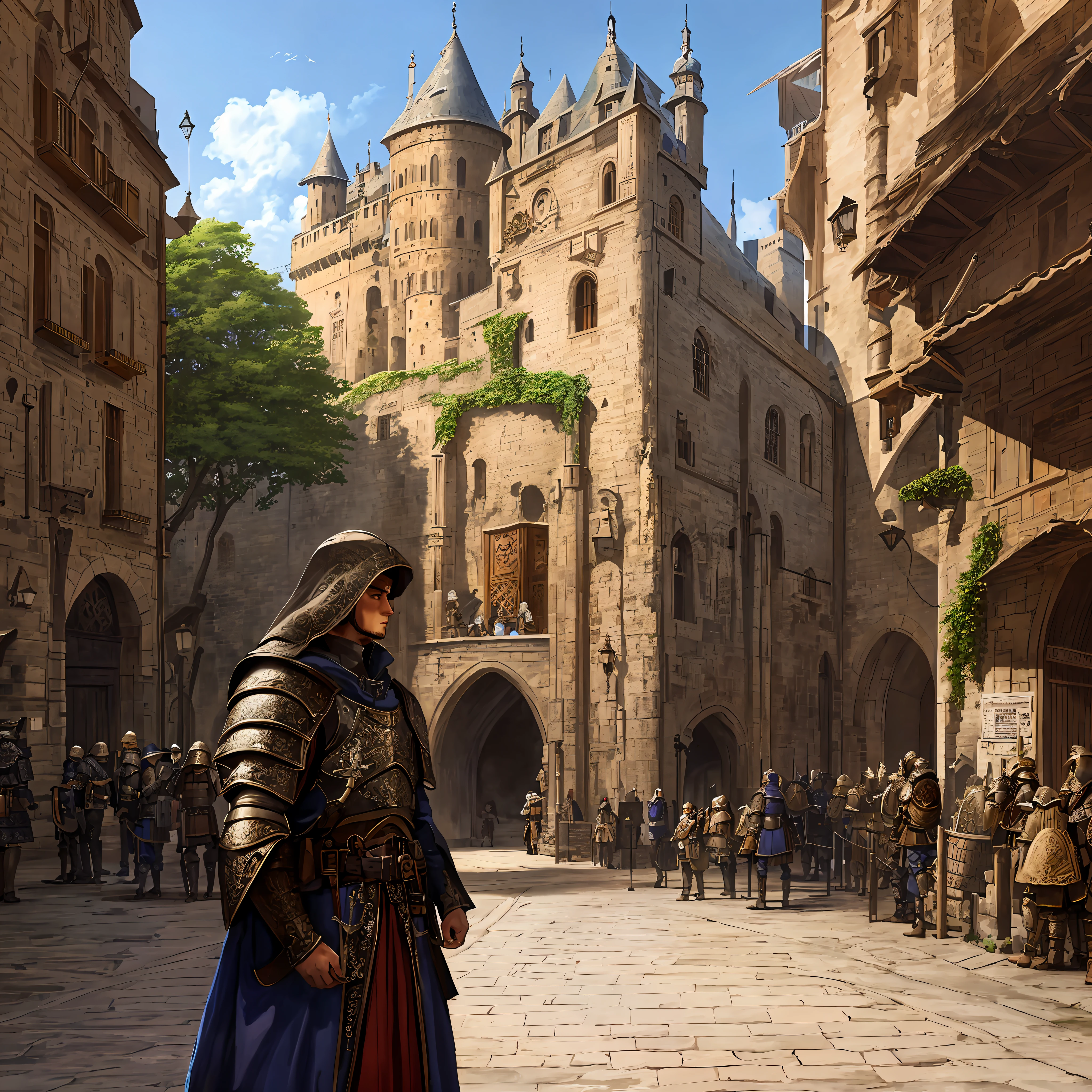 viewer behind action, a young, waiting in a queue of people, in front of a medieval city gate, two armored guards checking documents at the gate, outside the city, fantasy style, highly detailed