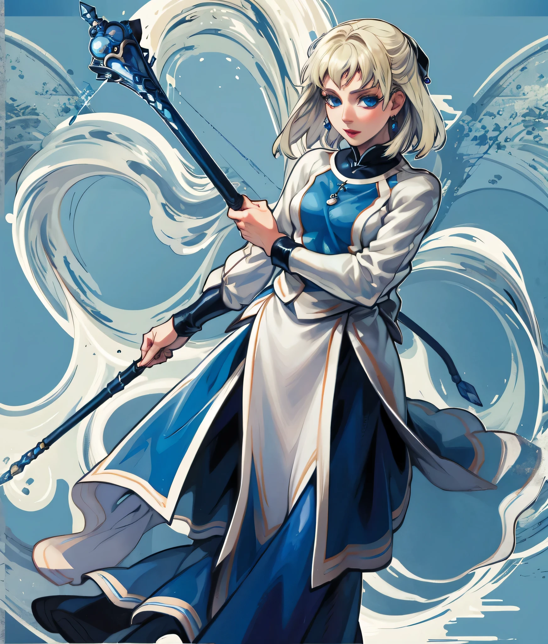 masterpiece, high res, detailed face, detailed eyes, anime screencap, 1 girl, solo, casting water magic, slender, short hair, white blonde hair, medium breasts, blue eyes, blue dress, staff, serious, blue magic, raising staff, outdoors, full body, cowboy shot  