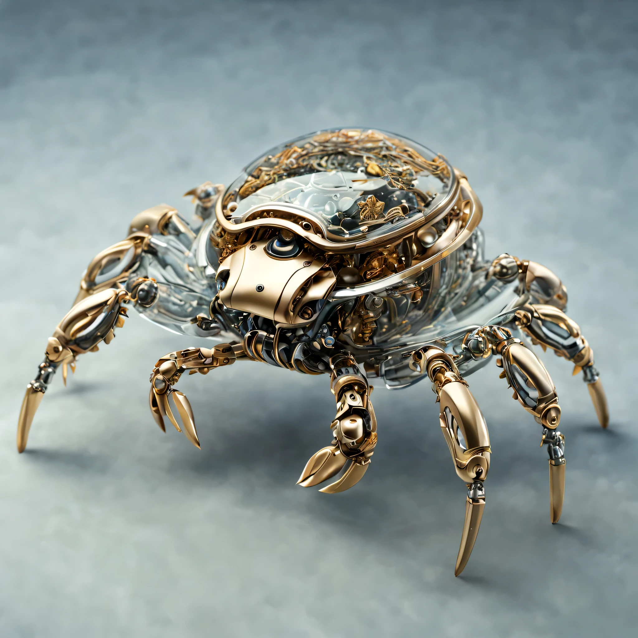 Detailed and realistic artwork,Depicts a cute and sophisticated biomechanical style robot crab. every detail, From complex transparent casings to sophisticated internal mechanical components, Captured with superb precision. Textures are very realistic,You can almost feel the smooth surface of its carapace,Intricate patterns on joints. Lighting is carefully designed,Enhanced visual effects