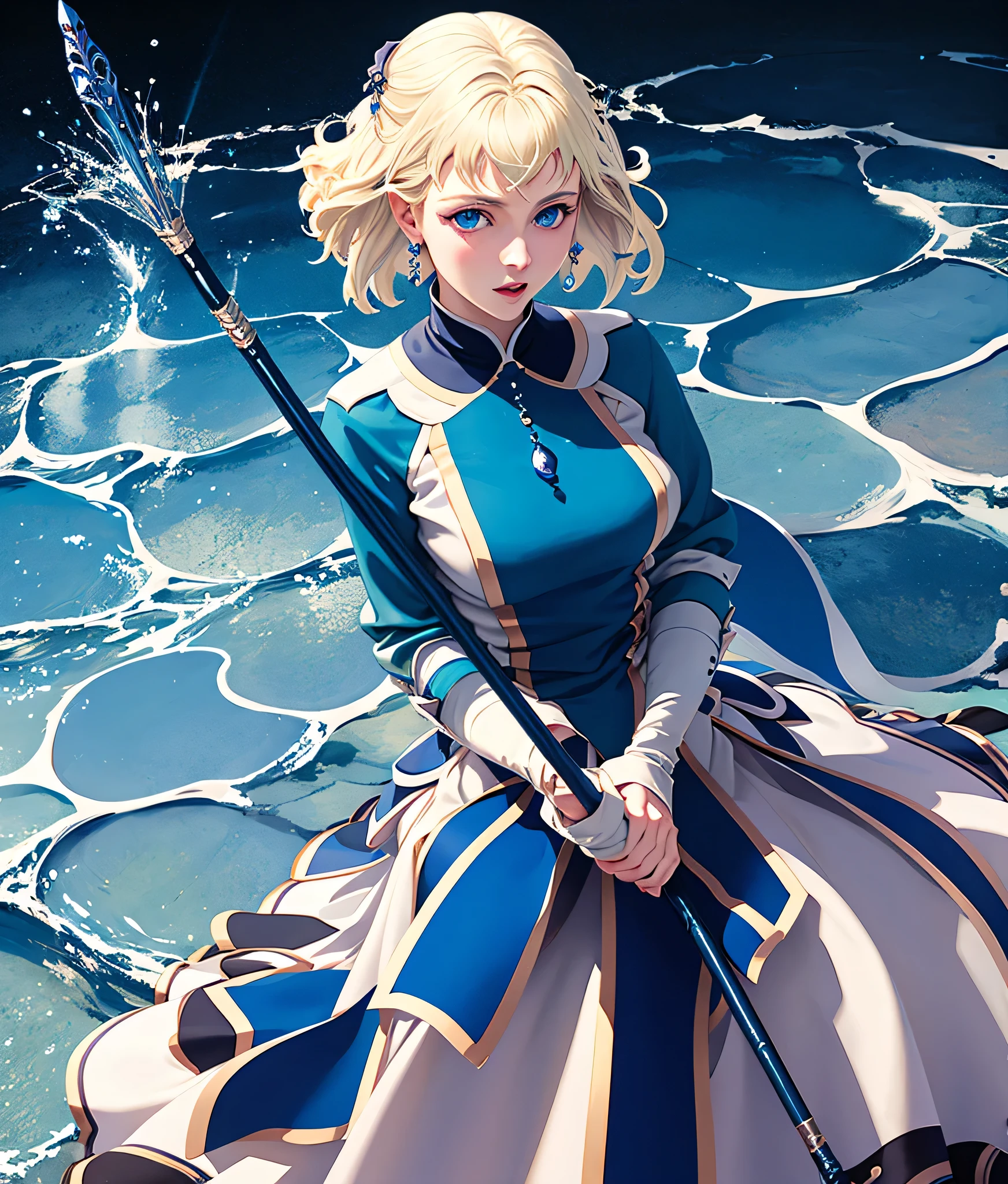 masterpiece, high res, detailed face, detailed eyes, anime screencap, 1 girl, solo, casting water magic, slender, short hair, white blonde hair, medium breasts, blue eyes, blue dress, staff, serious, blue magic, raising staff, outdoors, full body, cowboy shot
