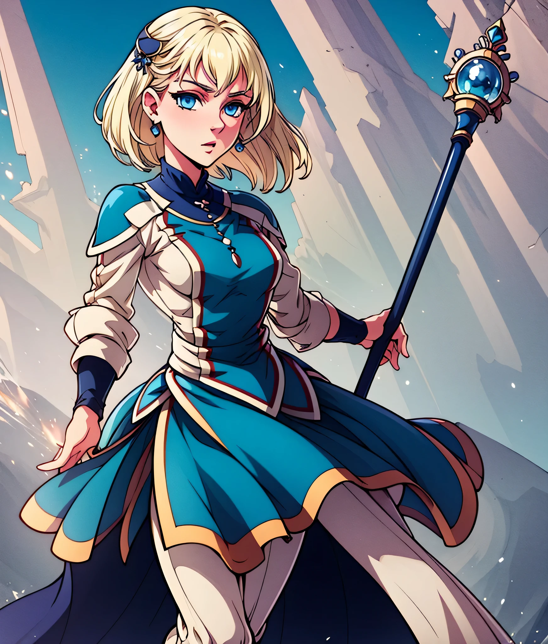 masterpiece, high res, detailed face, detailed eyes, anime screencap, 1 girl, solo, casting water magic, slender, short hair, white blonde hair, medium breasts, blue eyes, blue dress, staff, serious, blue magic, raising staff, outdoors, full body, cowboy shot
