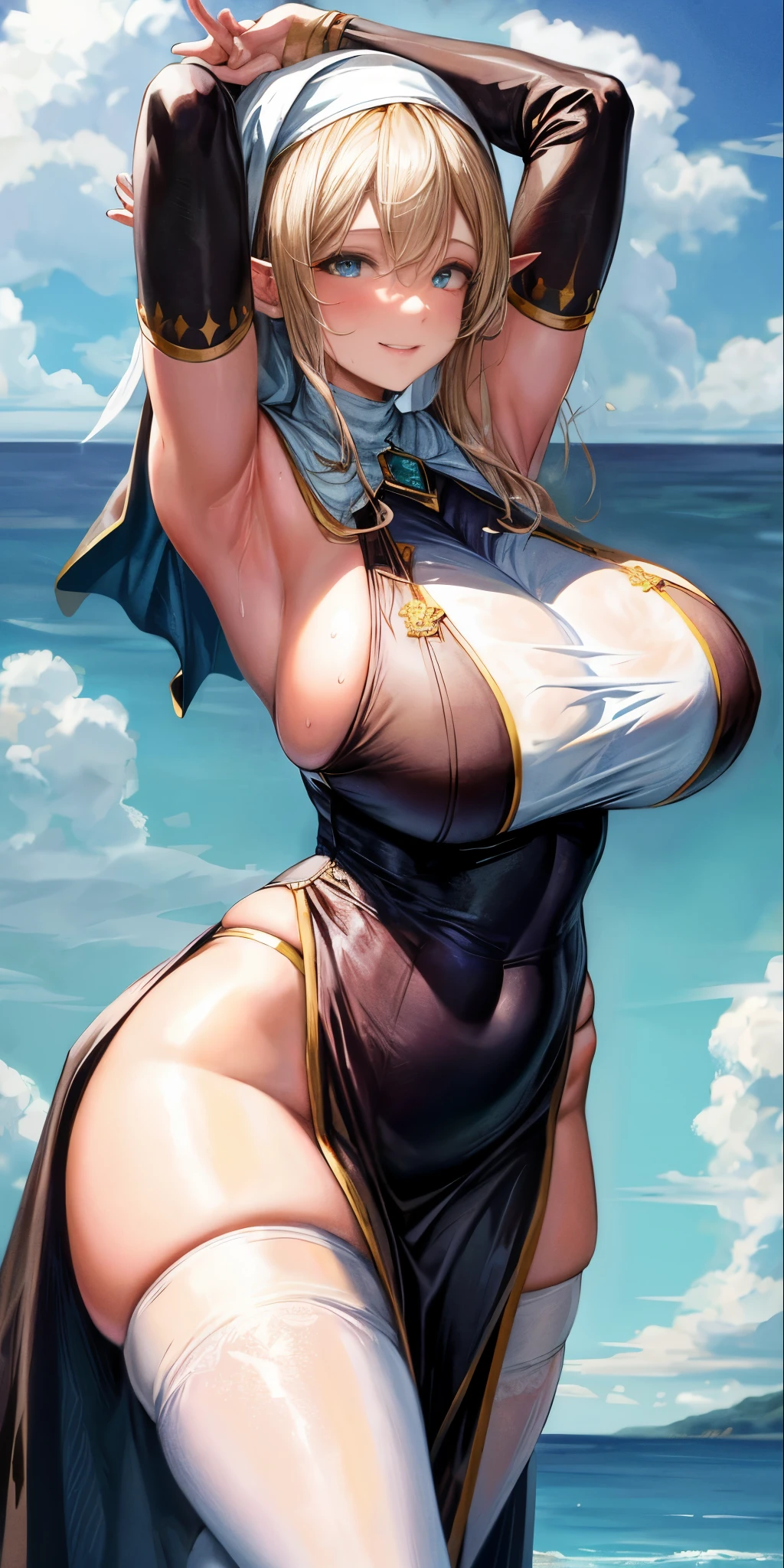 Standing, big breasts, plump, pretty face, thick body, blonde hair, hands covering eyes, seductive expression, showing a happy smile, showing armpits, masterpiece, super mass, 4k quality, high detail, elf mother, black nun turban, lace skirt, cleavage, white tights, sweaty, hands on the back of the head, lying on the ground, wet clothes, see-through, water vapor, elevation view, add_detail:1.5