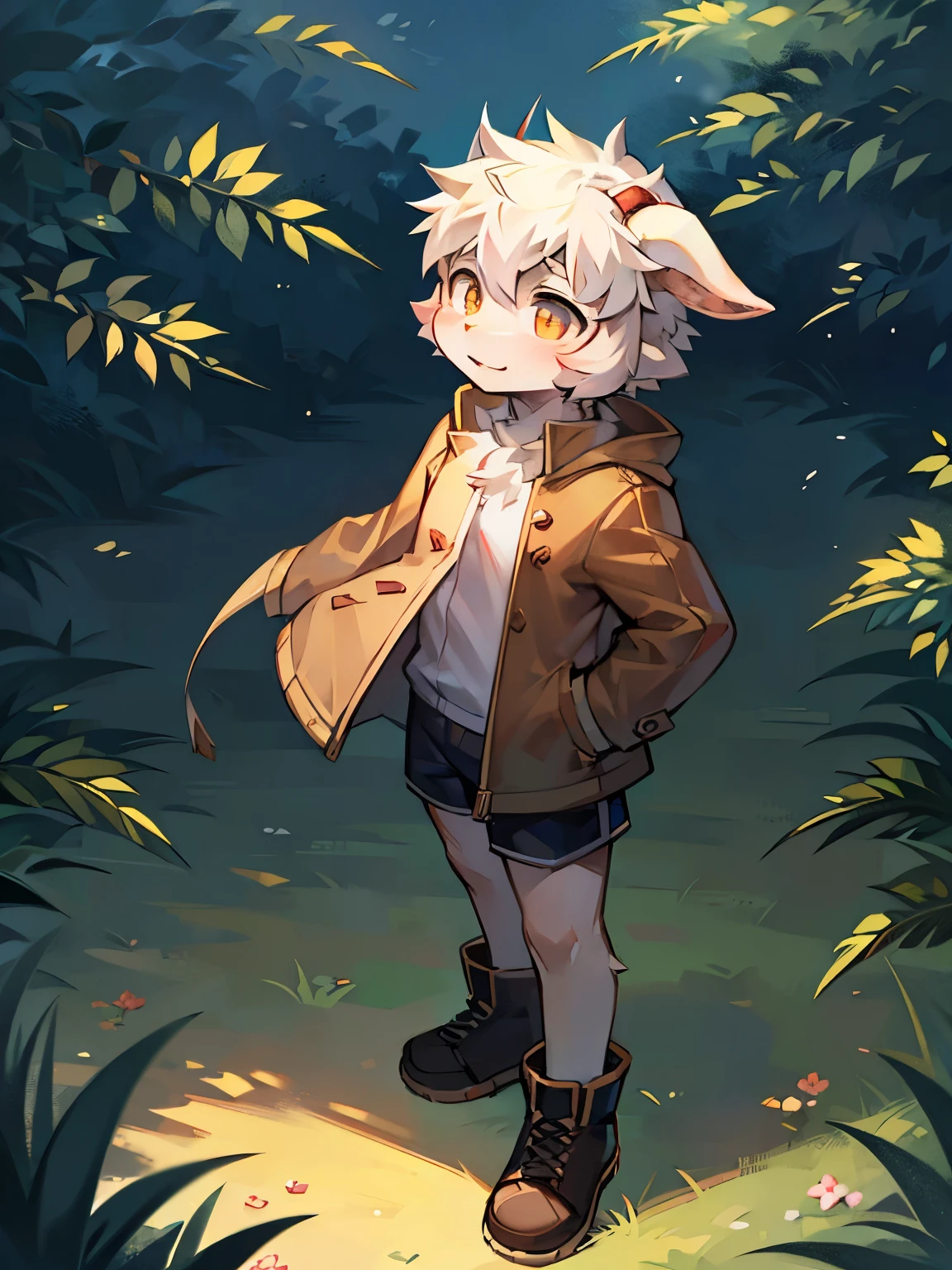 bright outside,dog boy,dog lop ears,dog tail,male focus,hairy man,Characteristics of a three-year-old boy,white hair,white skin,hairy shota,Bright Eyes,green pupils,coat,shorts