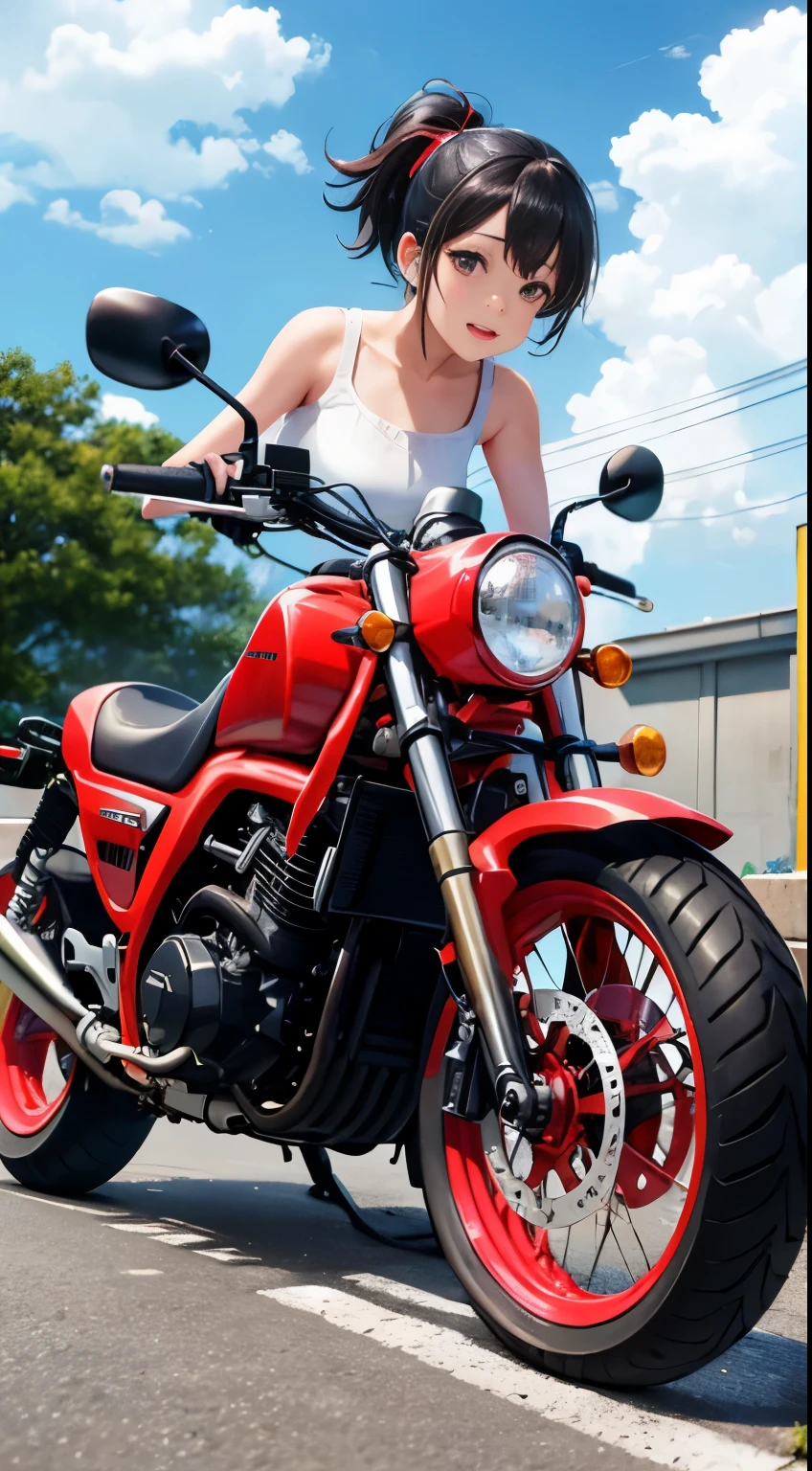Japan  riding motorcycle,Honda Monkey、super mini skirt、white panties、ponytail、Happy!!!, , motorcycle,[ realistic pictures ]!!, High resolution,sleeveless、white panties