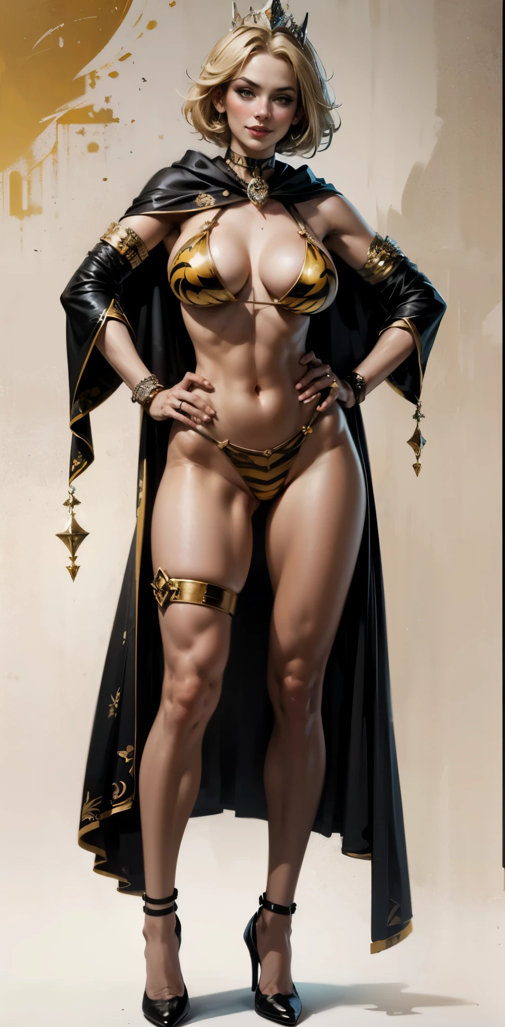 Two long thighs, yellow eyes, blonde hair, short hair, ?????????????, detached sleeves, very white background, royal tiara, long cape, yellow tiger ??????, high heels, hands on ????. red tattoo on belly navel, full body female MILF BIMBO, ??????? smirking smile face (red blush), metal shoulders, golden bracers sleeveless, black choker ??? slave