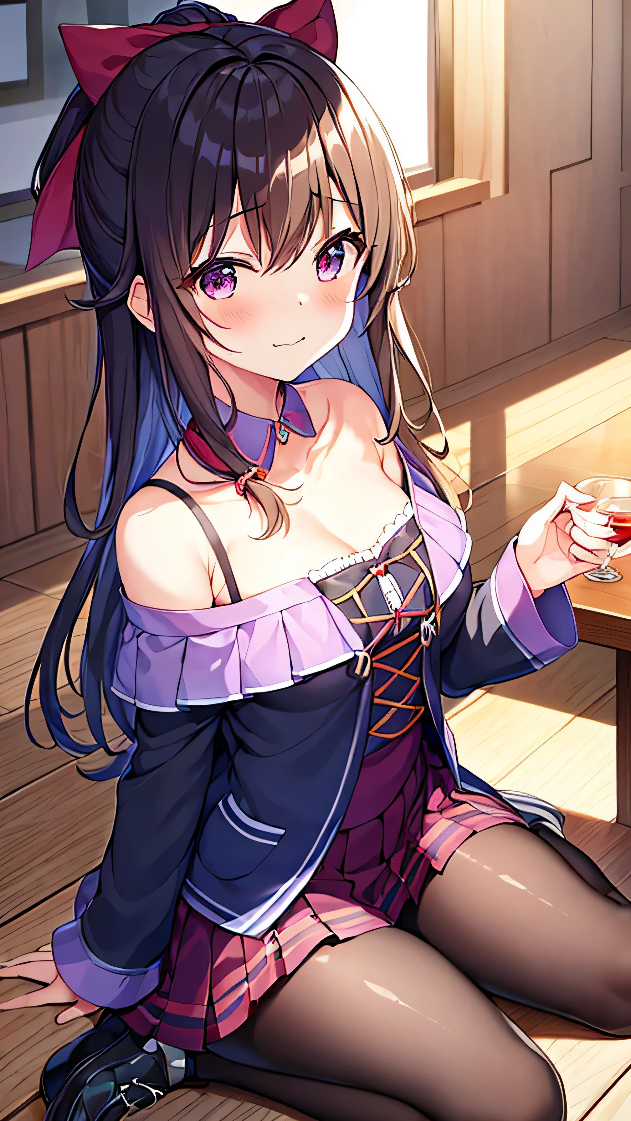 1 girl, Ichinomo Kana, 独自of, Chest, 长of_hair, 高抬leg, 紫色of_Eye, garter_Shoulder strap, , Smile, 橙色of_hair, hair_bow, hand表_exist_audience, bow, two_side_up, 中等of_Chest, sitting, 红色of_bow, hand_between_leg, clavicle, signexisture, Alcohol, collar, between_leg, off_Shoulder, blush, labcoexist, Bangs, 模糊of, 棕色of_高抬leg, 波浪状of_hair, skirt, 仅有of_Shoulders, closure_Mouth, 模糊of_background, :3, cross-laced_clothing, 红色of_skirt, _username, 黑色of_collar, 黑色of_高抬leg, Open_clothing, depth_of_place, 