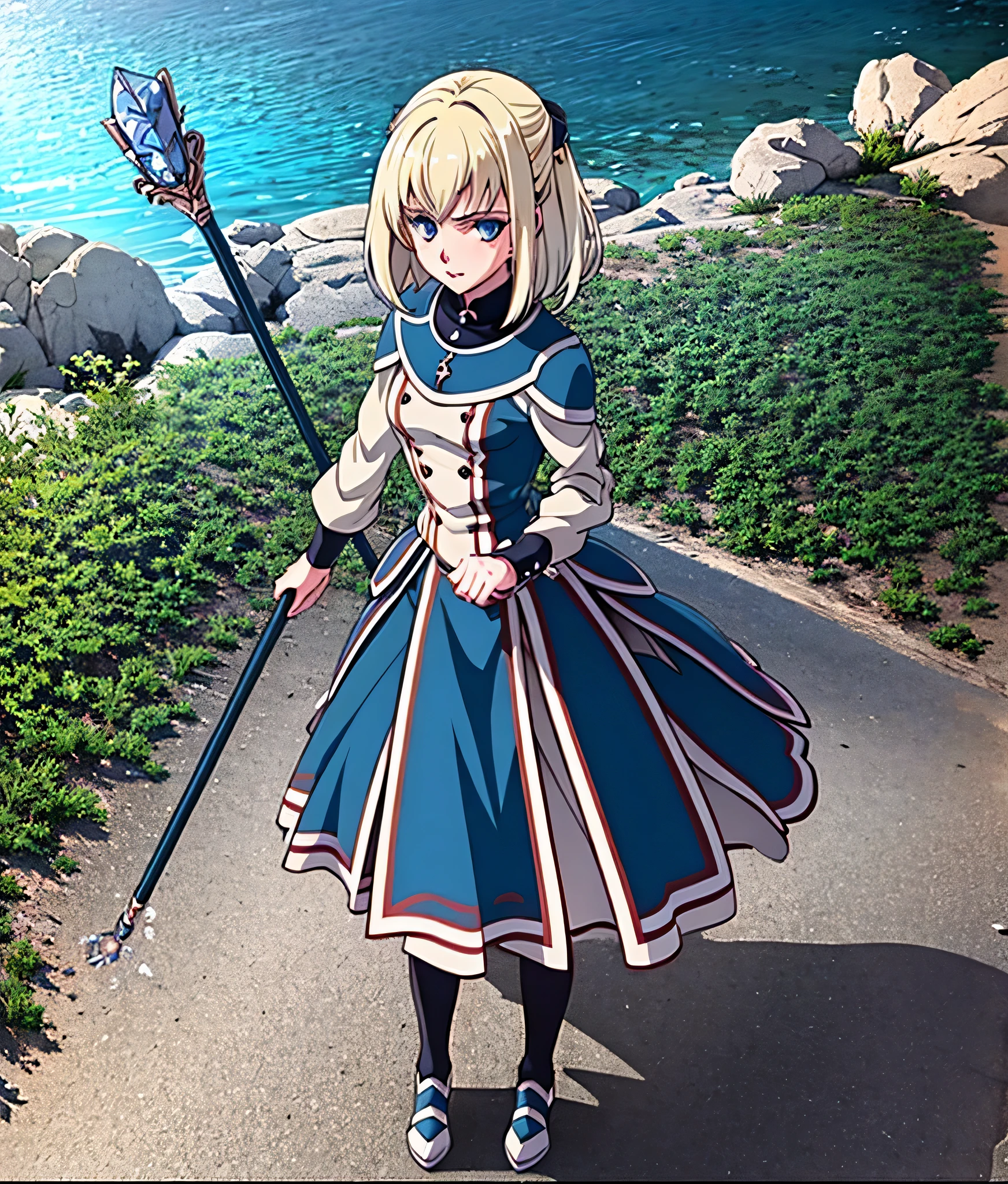 masterpiece, high res, detailed face, detailed eyes, anime screencap, 1 girl, solo, casting water magic, slender, short hair, white blonde hair, medium breasts, blue eyes, blue dress, staff, serious, blue magic, raising staff, outdoors, full body, cowboy shot
