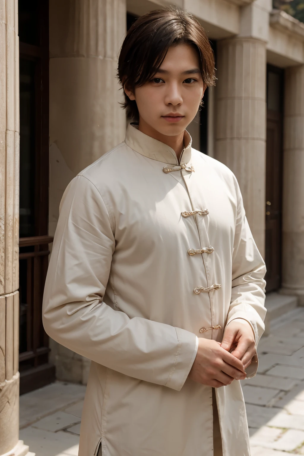 a young chinese male、approachable、Chinese clothing、Greek ancient architecture、warm color