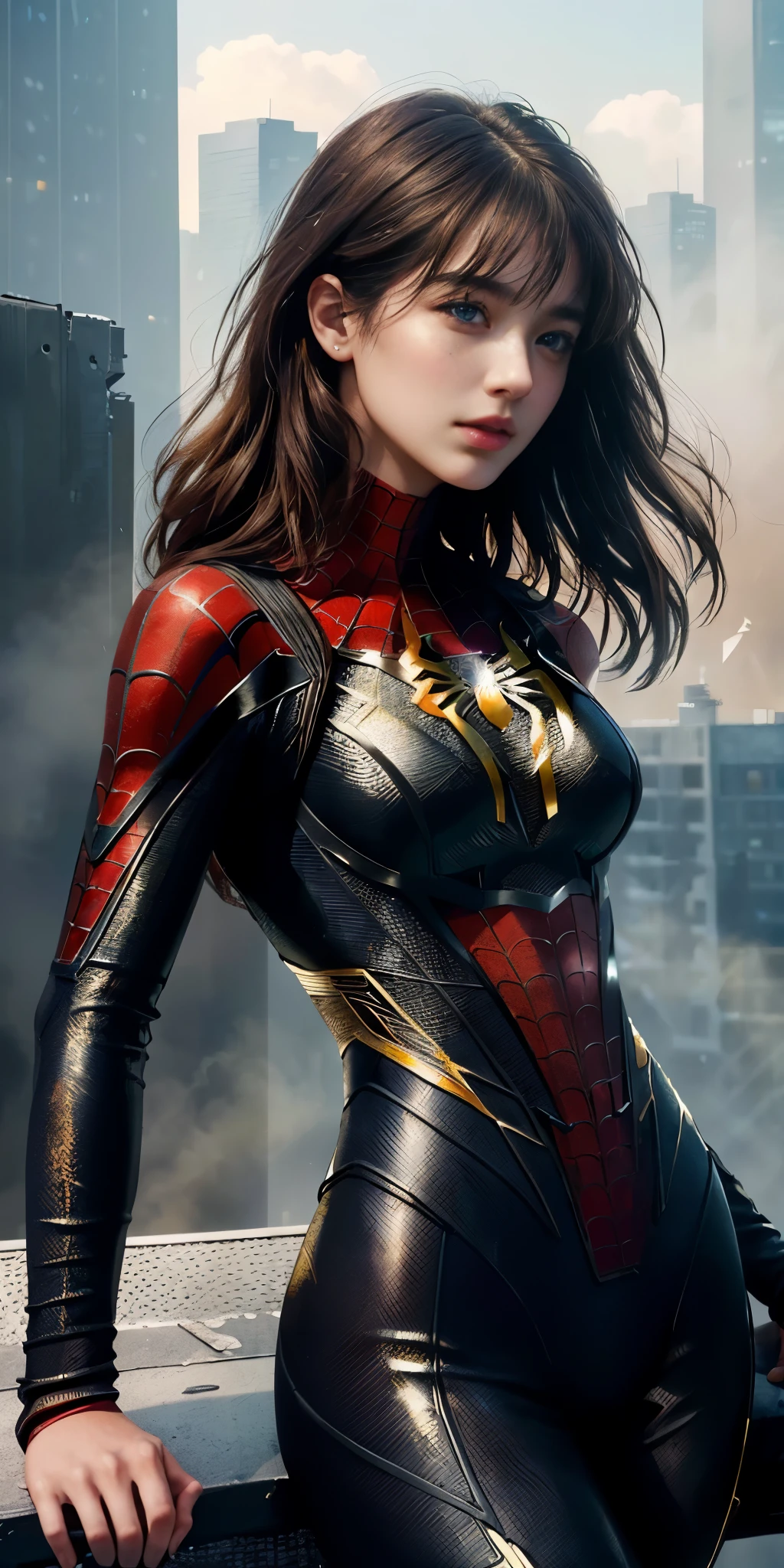 (1girl:1.3), Solo, (((Very detailed face)))), ((Very detailed eyes and face)))), Beautiful detail eyes, Body parts__, Official art, Unified 8k wallpaper, Super detailed, beautiful and beautiful, beautiful, masterpiece, best quality, original, masterpiece, super fine photo, best quality, super high resolution, realistic realism, sunlight, full body portrait, amazing beauty, dynamic pose, delicate face, vibrant eyes, (from the front), She wears Spider-Man suit, red, black and gold color scheme, spider, very detailed city roof background, rooftop, overlooking the city, detailed face, detailed complex busy background, messy, gorgeous, milky white, highly detailed skin, realistic skin details, visible pores, clear focus, volumetric fog, 8k uhd, DSLR, high quality, film grain, fair skin, photo realism, lomography, futuristic dystopian megalopolis, translucent