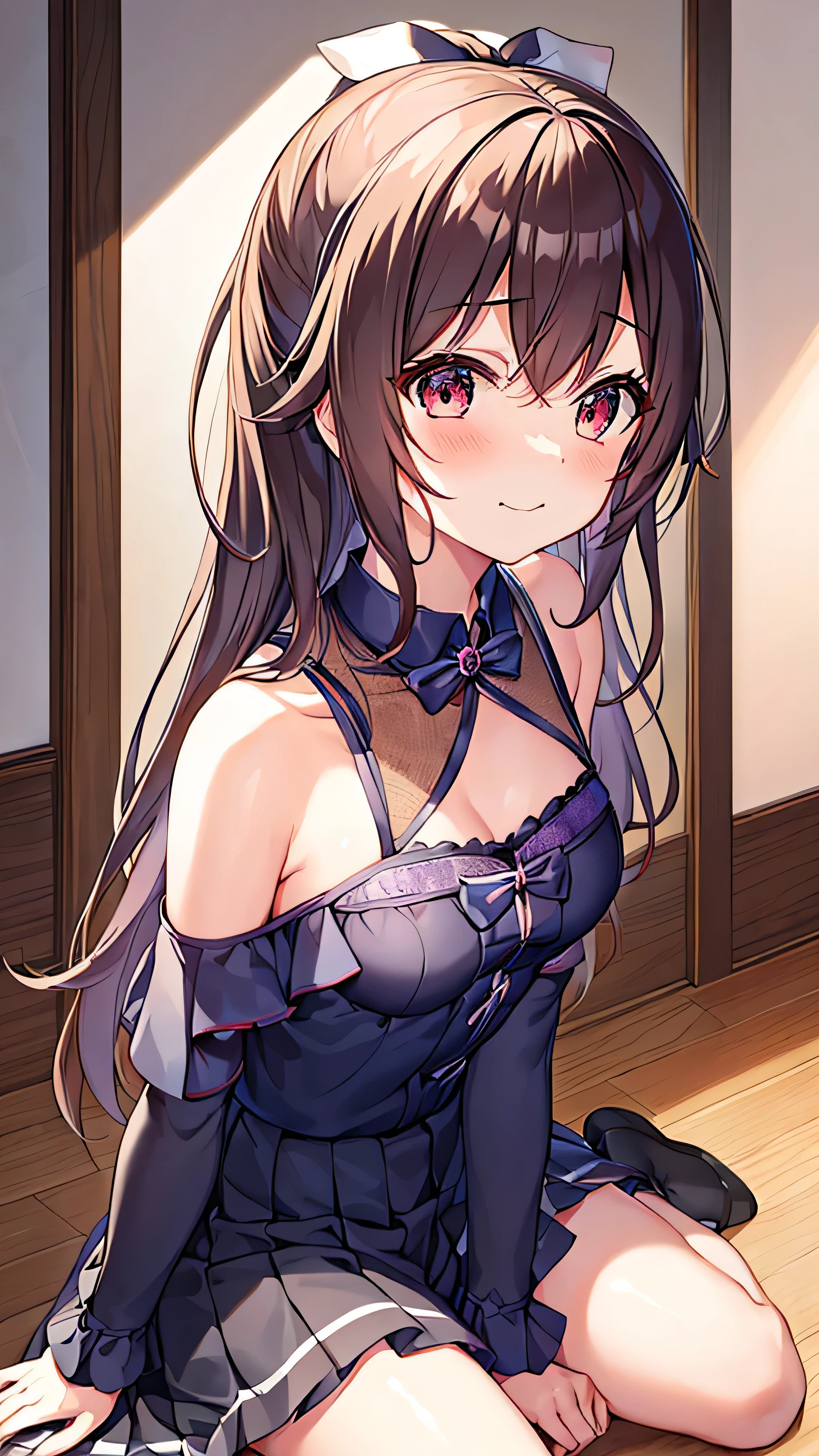 1 girl, Ichinomo Kana, 独自of, Chest, 长of_hair, 高抬leg, 紫色of_Eye, garter_Shoulder strap, , Smile, 橙色of_hair, hair_bow, hand表_exist_audience, bow, two_side_up, 中等of_Chest, sitting, 红色of_bow, hand_between_leg, clavicle, signexisture, Alcohol, collar, between_leg, off_Shoulder, blush, labcoexist, Bangs, 模糊of, 棕色of_高抬leg, 波浪状of_hair, skirt, 仅有of_Shoulders, closure_Mouth, 模糊of_background, :3, cross-laced_clothing, 红色of_skirt, _username, 黑色of_collar, 黑色of_高抬leg, Open_clothing, depth_of_place, 