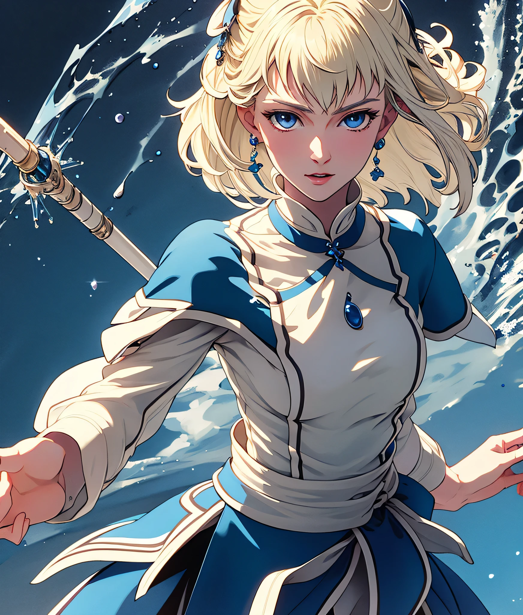 masterpiece, high res, detailed face, detailed eyes, anime screencap, 1 girl, solo, casting water magic, slender, short hair, white blonde hair, medium breasts, blue eyes, blue dress, staff, serious, blue magic, raising staff, outdoors, full body, cowboy shot
