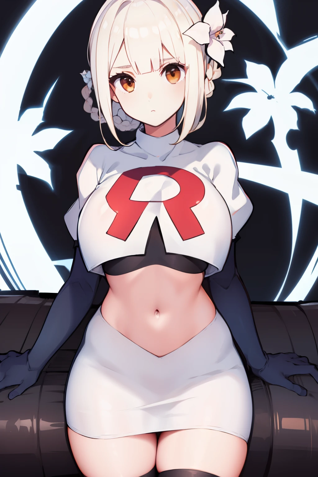 kaine \(nier\), 1girl, bandages, bangs, blonde hair, blunt bangs, braid, brown eyes,  hair flower, hair ornament, nier \(series\), short hair, single braid, solo, white background, white flower, white hair, expressionless, medium breasts, team rocket,team rocket uniform, red letter R, white skirt,white crop top,black thigh-highs,black elbow gloves