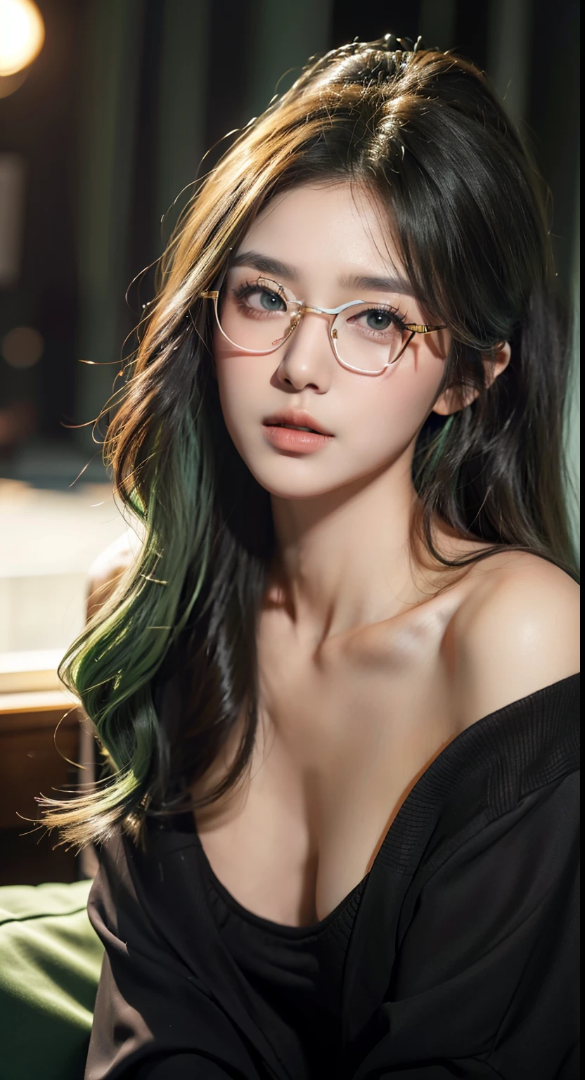 Close-up of a woman, [ 4k digital art ]!!, beautiful korean woman, Portrait of a Korean female idol, Beautiful young Korean woman, korean girl, Most models | artistic germ, Beautiful young Korean woman, 8k artistic germ bokeh, Long hair and eyes, actual. Cheng Yi, Beautiful girl model，Long ponytail hairstyle，green hair and gray hair, green braid，Good-looking hair accessories, light green eyes，big eyes，Wearing red glasses，half rim glasses，wear glasses