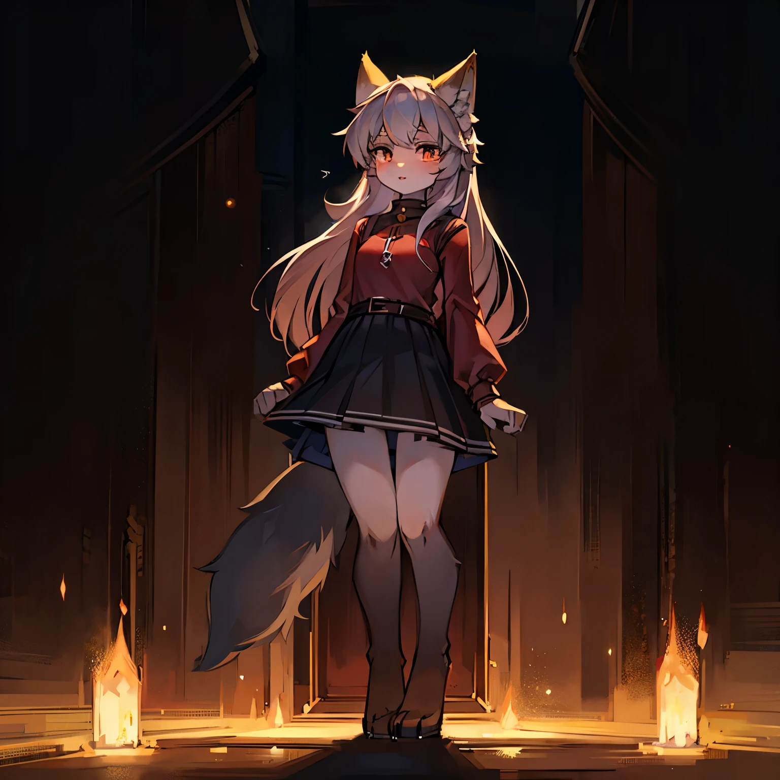 wolf girl，wolf ears，female focus，Furry women，Characteristics of a three-year-old girl，Furry loli，One meter six height，long sleeves，short skirt，Standing posture