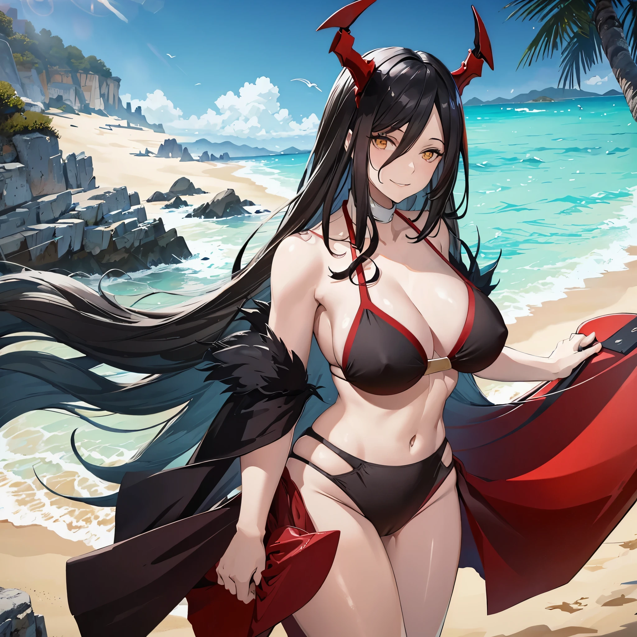 a mature woman on the beach in a bikini red,  red horns, hair black, yellow eye.
