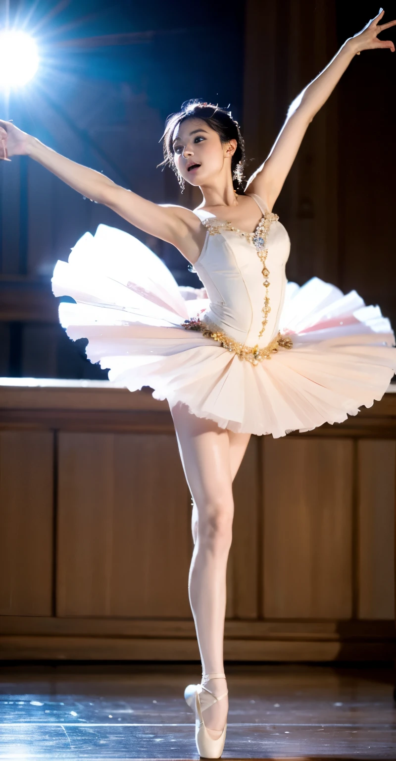 ((perfect anatomy)),(((Ulzan 6500))),beautiful first class ballet dancer,Leading role in a classical ballet performance,mechanical limbs,Beautiful ballet moves,accurate pointe work,Elegant pure white tutu and ballet shoes,Soft and flowing tutu,magic lighting,Dynamic portraits、Capture a ballet dancer in the middle of a leap, Frozen in breathtaking moments of elegance and elegance. The subject's graceful poses and flowing outfits、It is accentuated by dynamic lighting and particle effects. The style of the photo is、It resembles an ethereal watercolor painting, Emphasis on fluidity and beauty. Camera parameters: Nikon Z6, f/1.4 apertures, ISO320, shutter speed 1/500,8k highest quality,