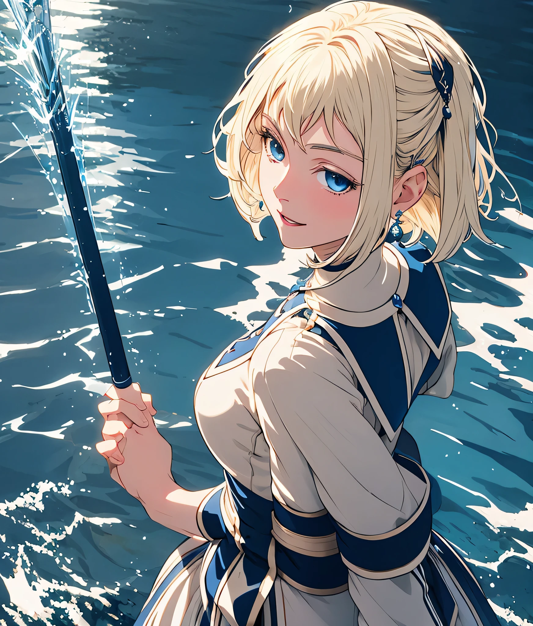 masterpiece, high res, detailed face, detailed eyes, anime screencap, 1 girl, solo, casting water magic, slender, short hair, white blonde hair, medium breasts, blue eyes, blue dress, staff, serious, blue magic, raising staff, outdoors, full body, cowboy shot, smiling 
